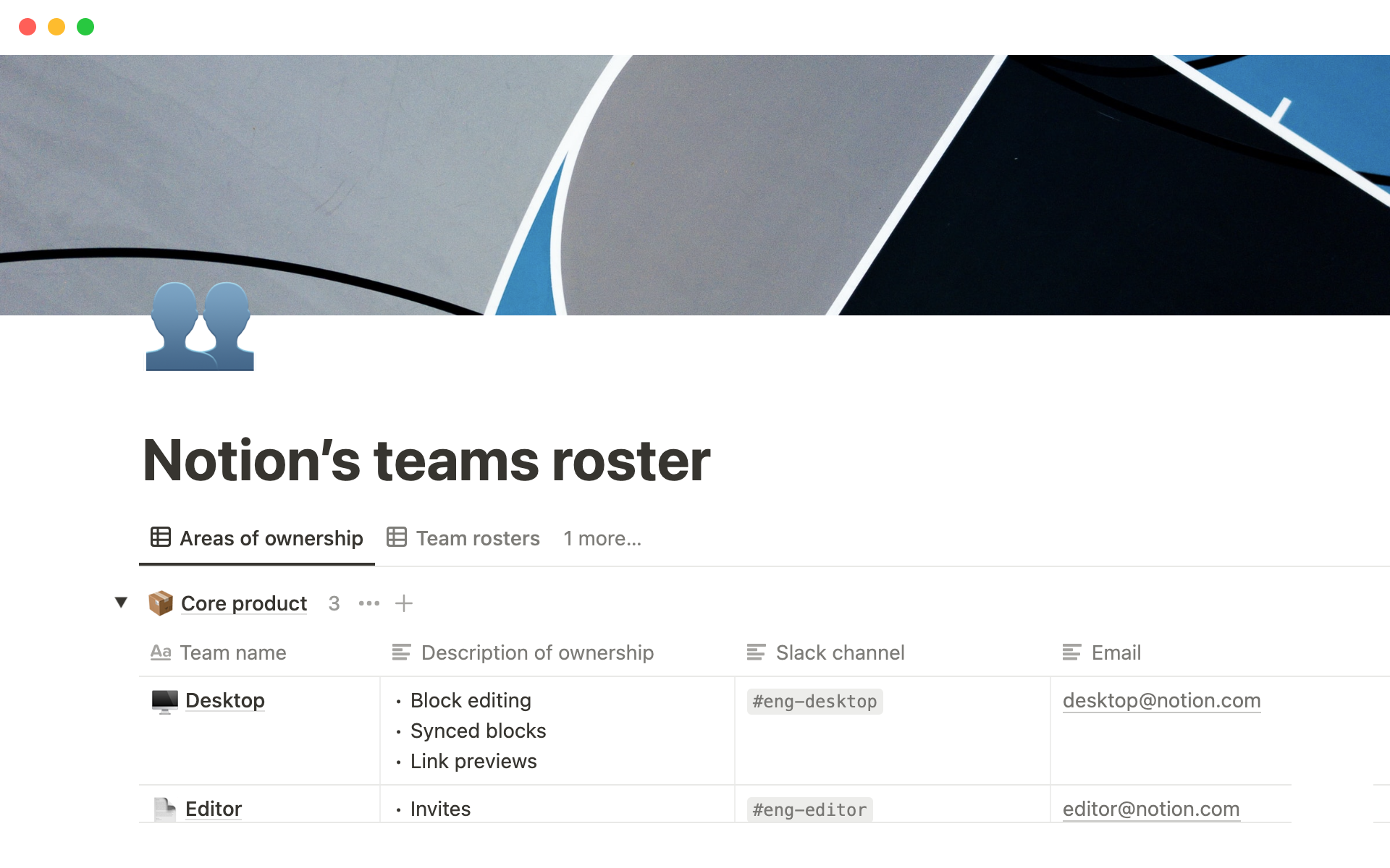 A template preview for Notion’s teams roster