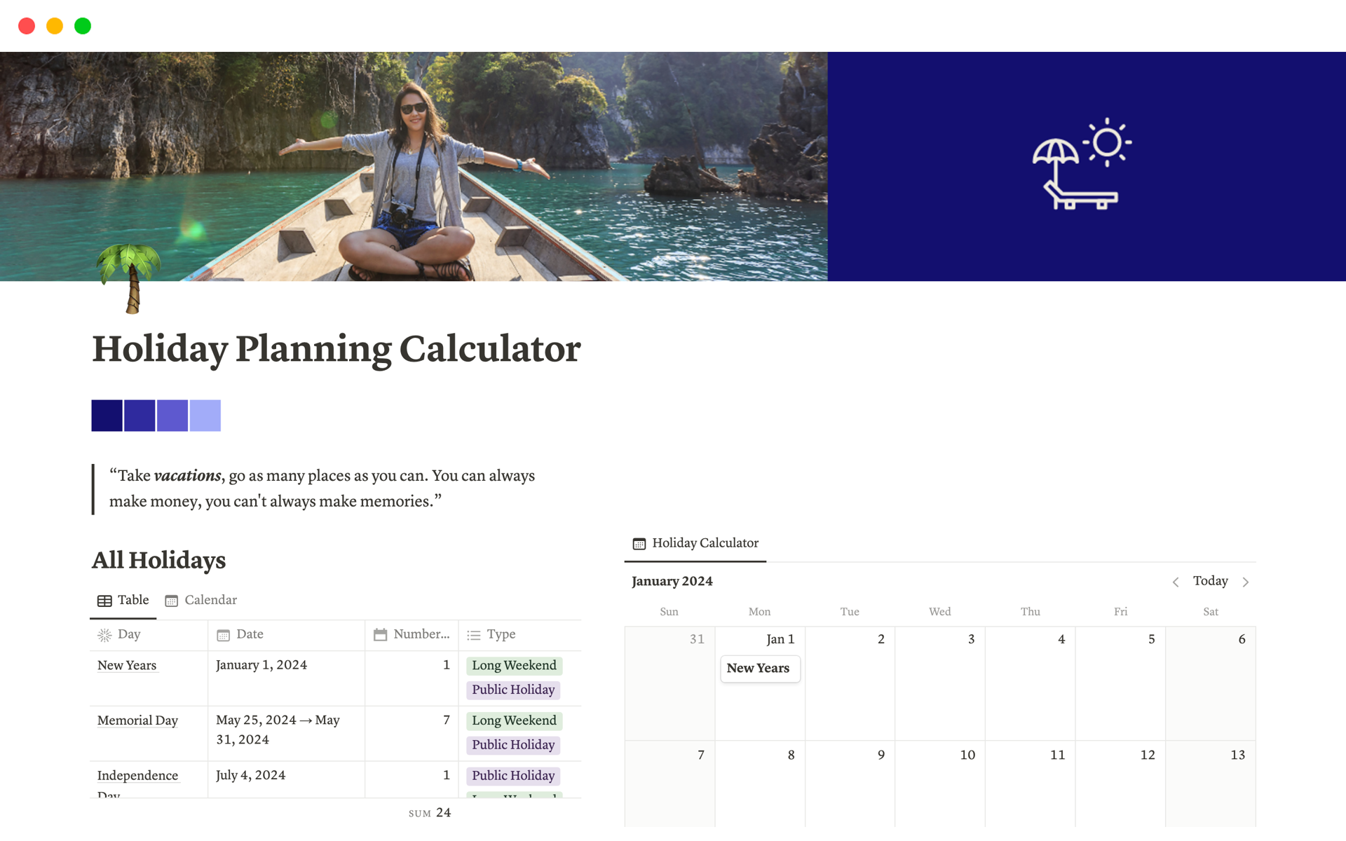 A template preview for Holiday Planning Calculator