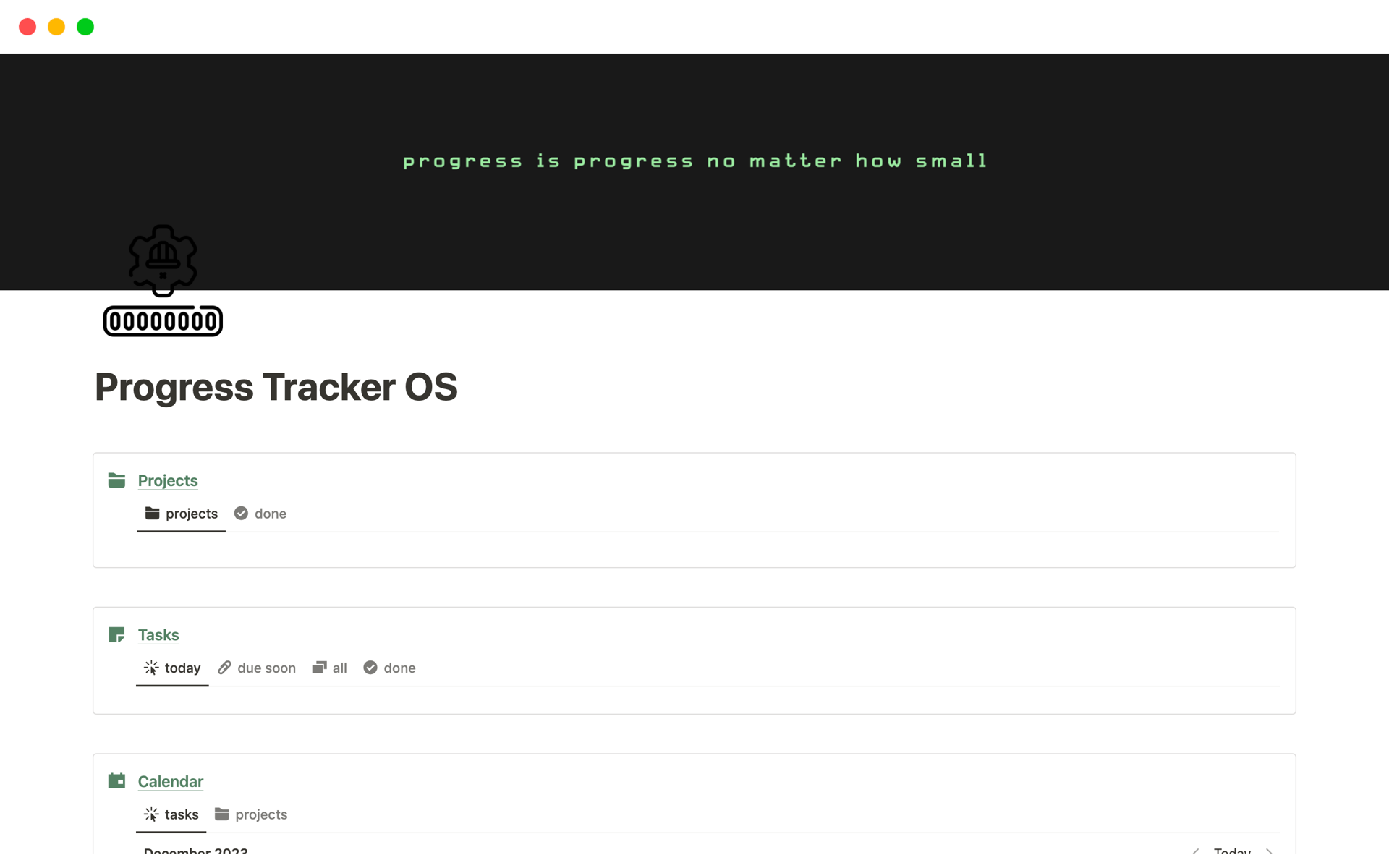 A template preview for Progress Tracker OS