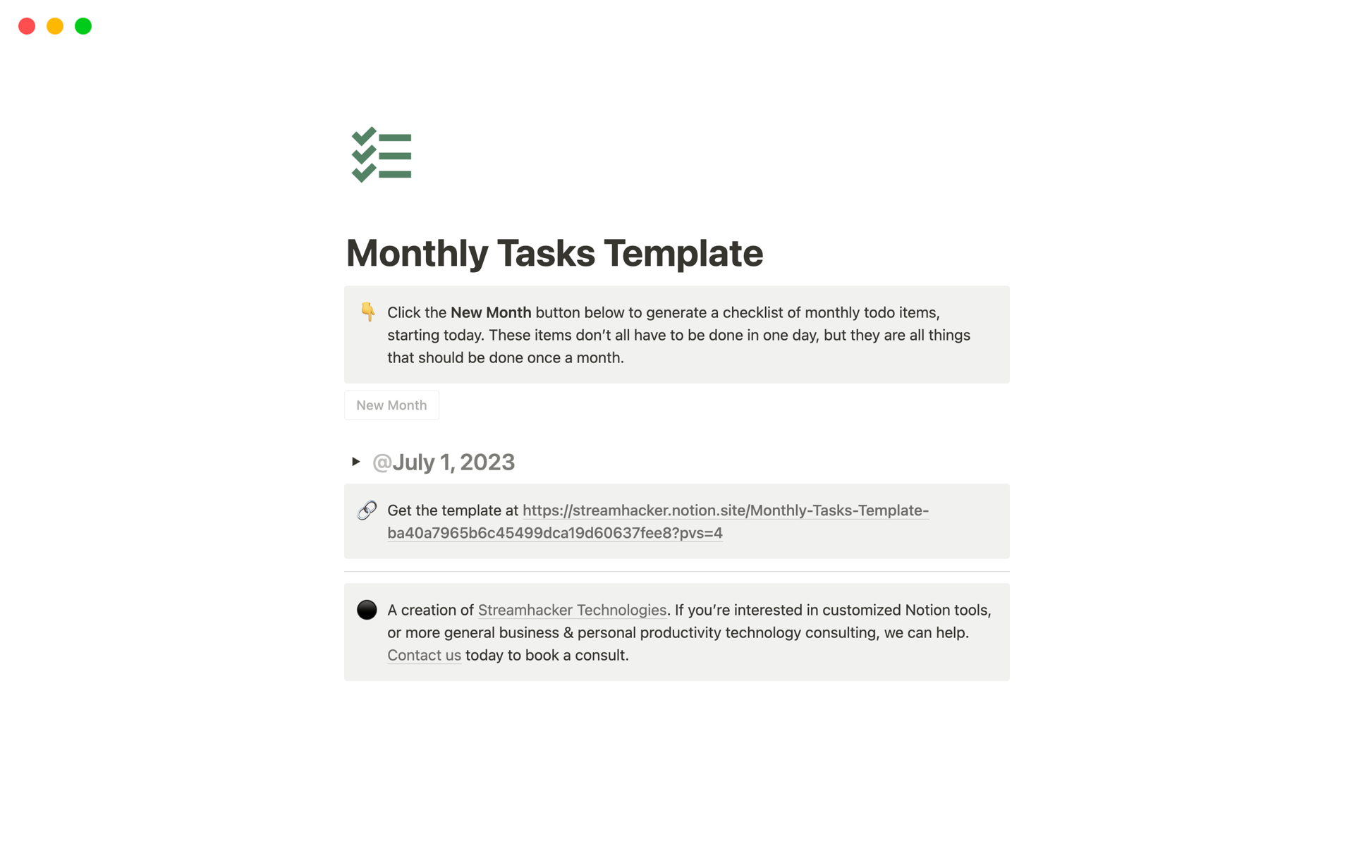 A template preview for Monthly Tasks Template