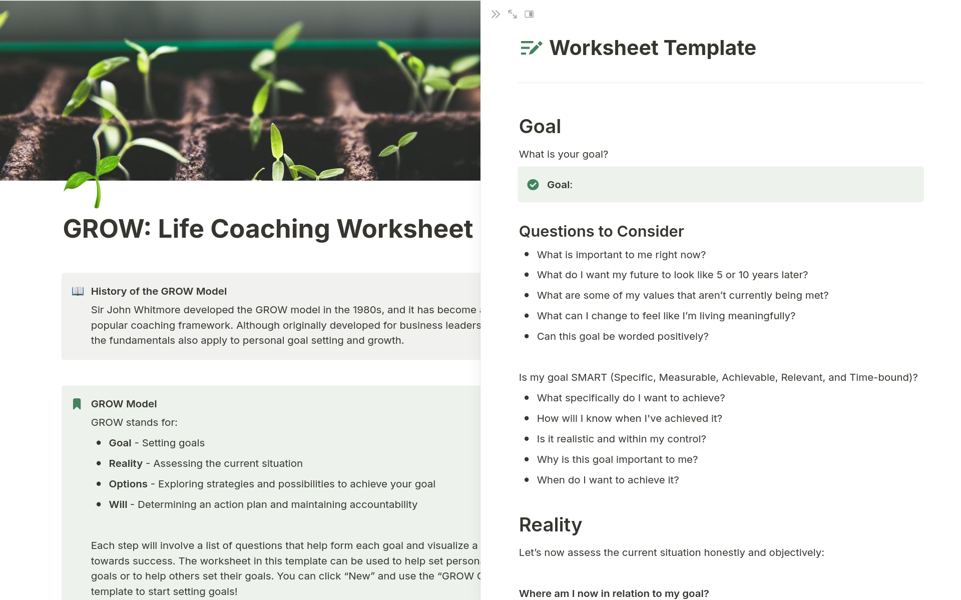 Set personal goals or help clients set their goals using a worksheet based on the GROW method!