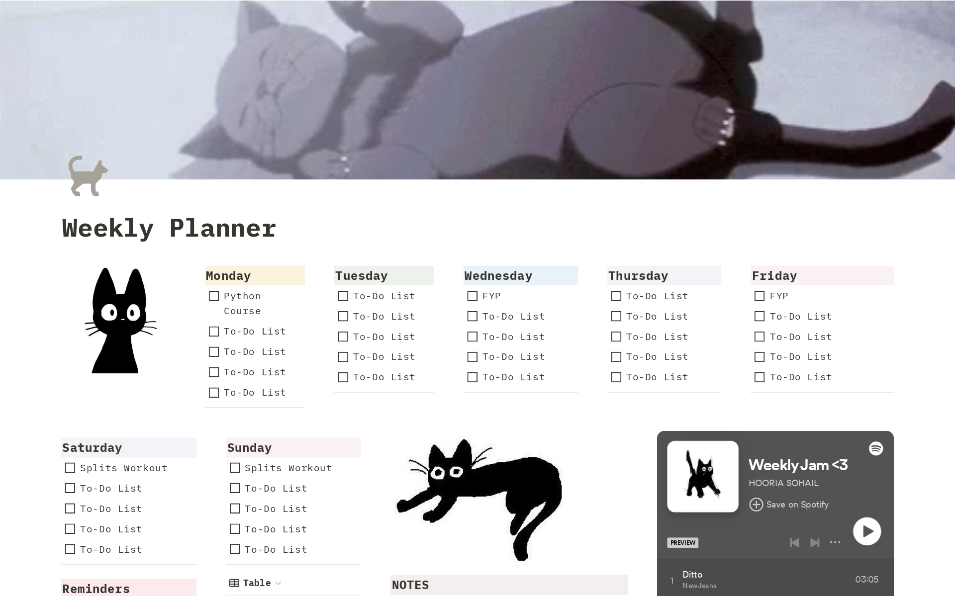 Cat-themed Weekly Plannerのテンプレートのプレビュー
