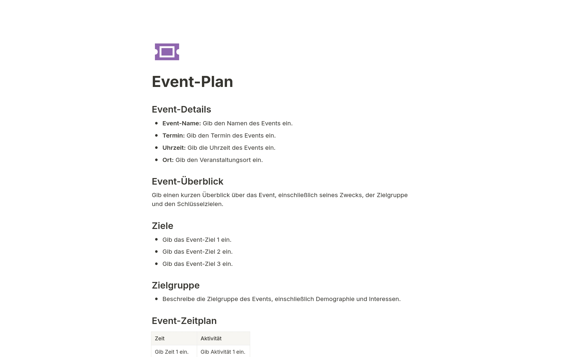 Eine Vorlagenvorschau für Event-Plan
