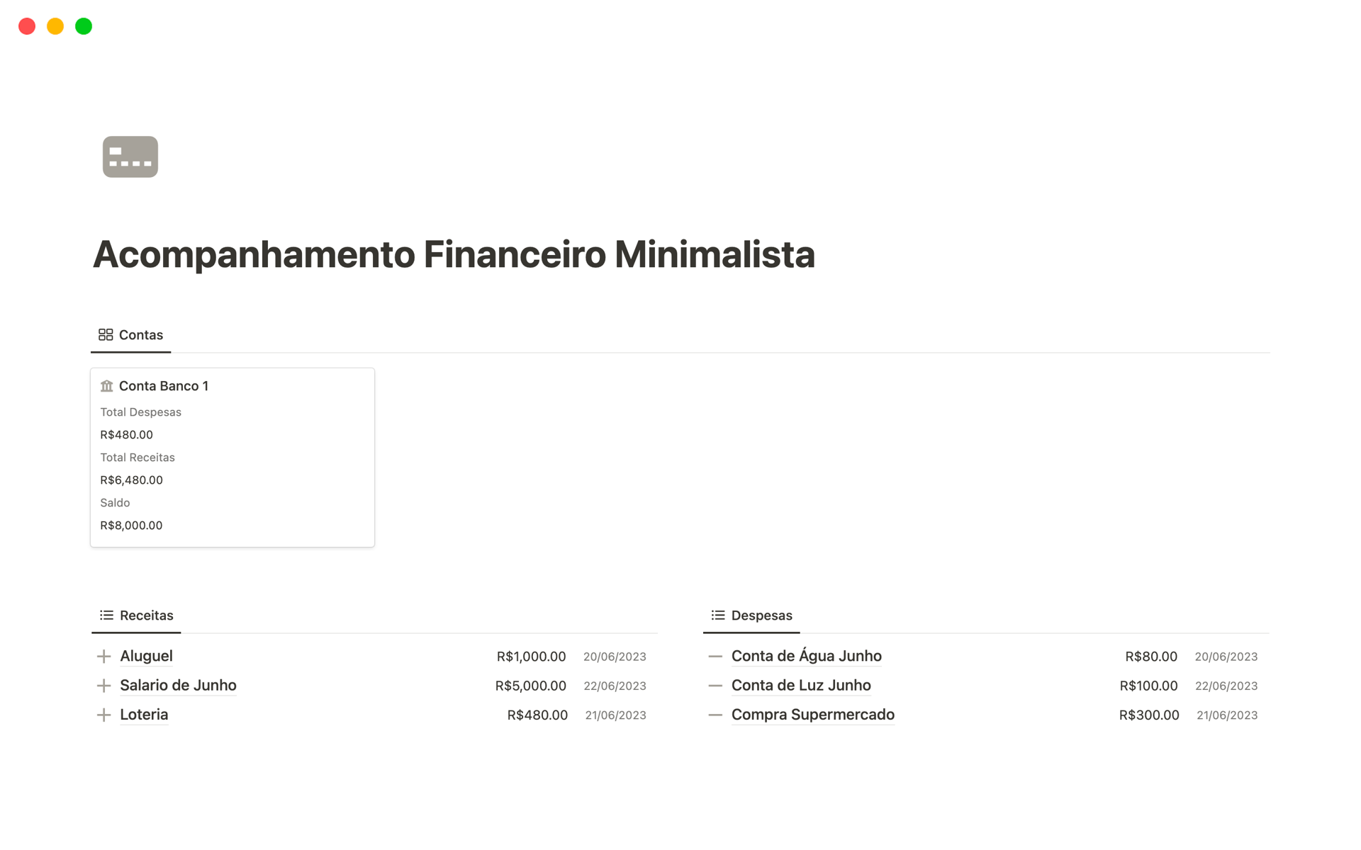 En förhandsgranskning av mallen för Acompanhamento Financeiro Minimalista 