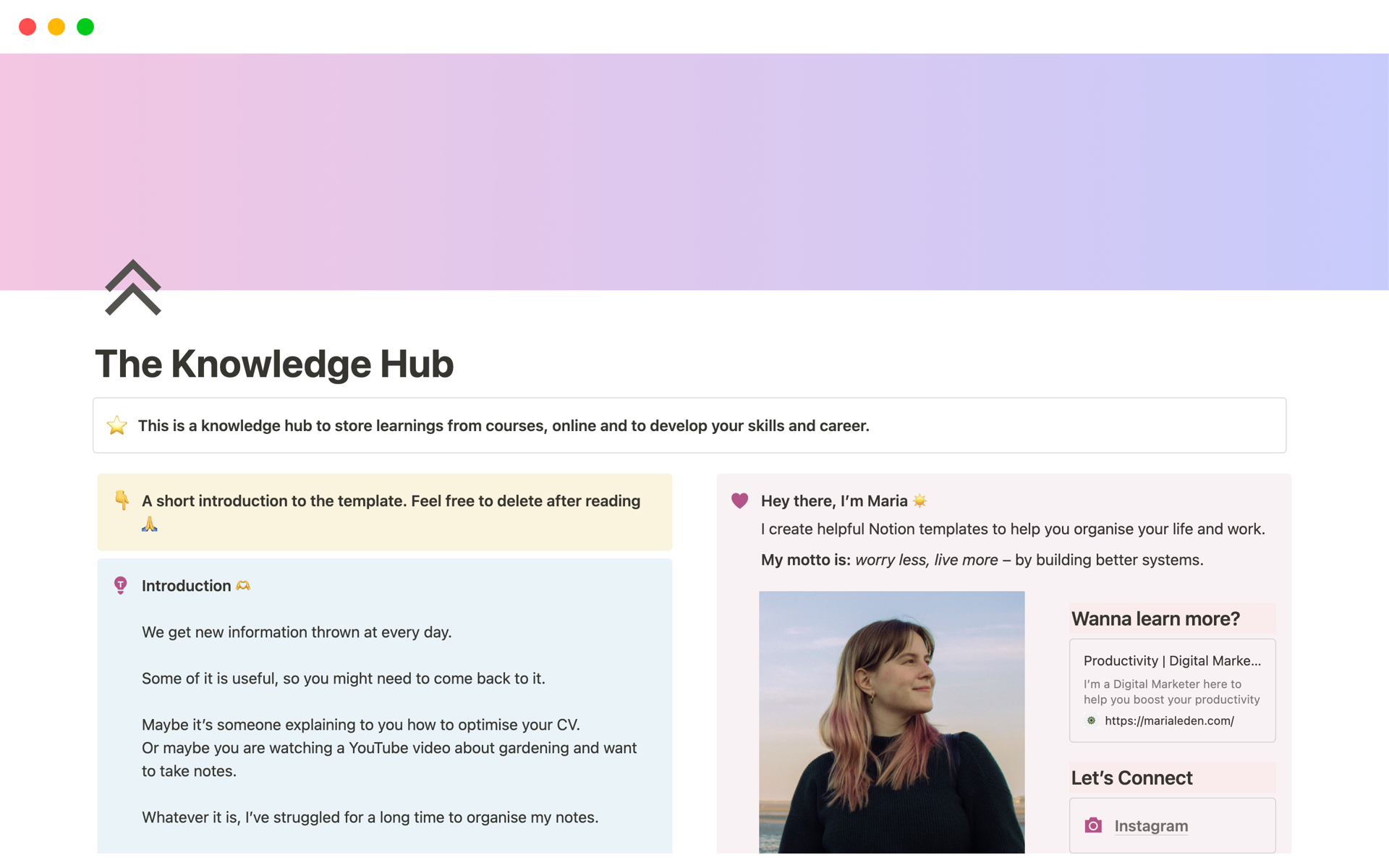 A template preview for Knowledge Hub OS