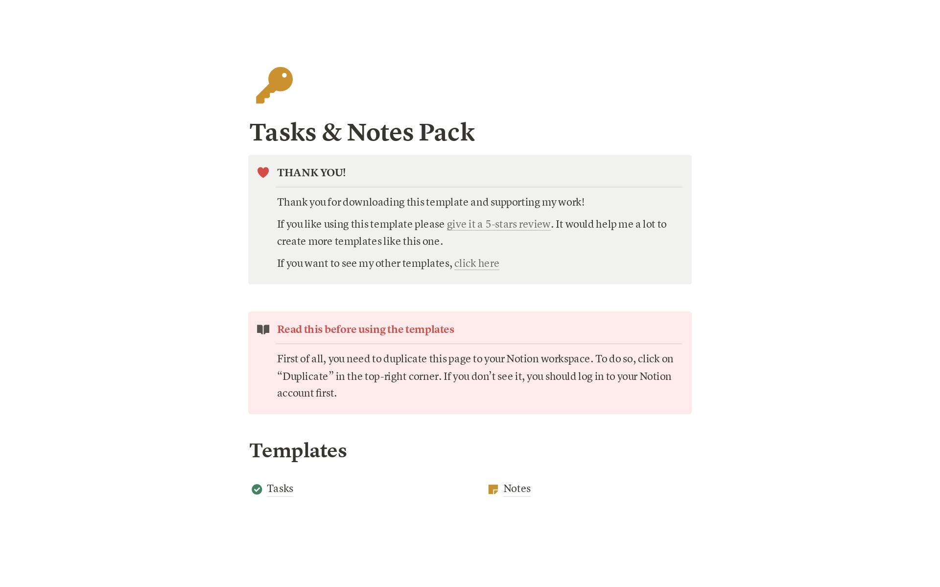 Tasks & Notes Packのテンプレートのプレビュー