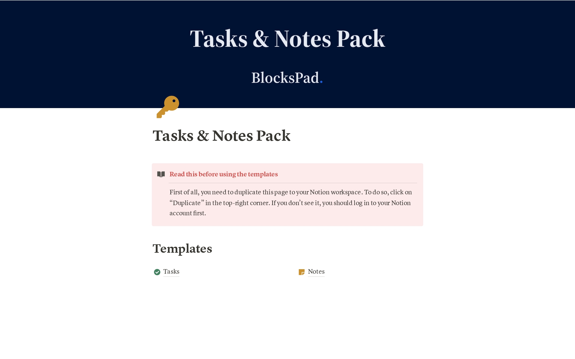 Uma prévia do modelo para Tasks & Notes Pack