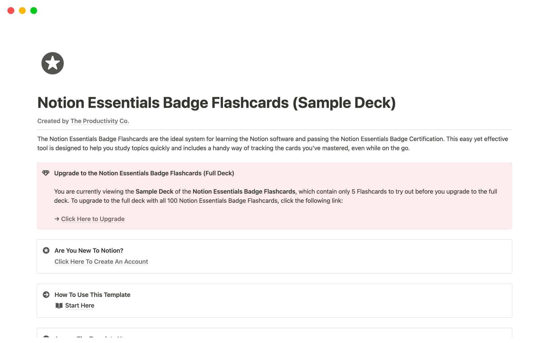 Eine Vorlagenvorschau für Notion Essentials Badge Flashcards