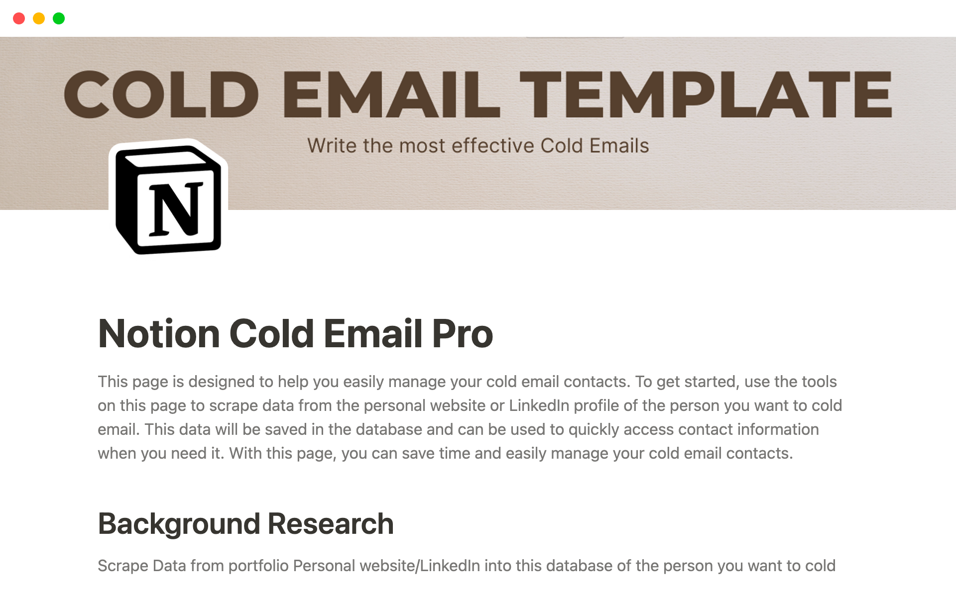 A template preview for Cold Email Template