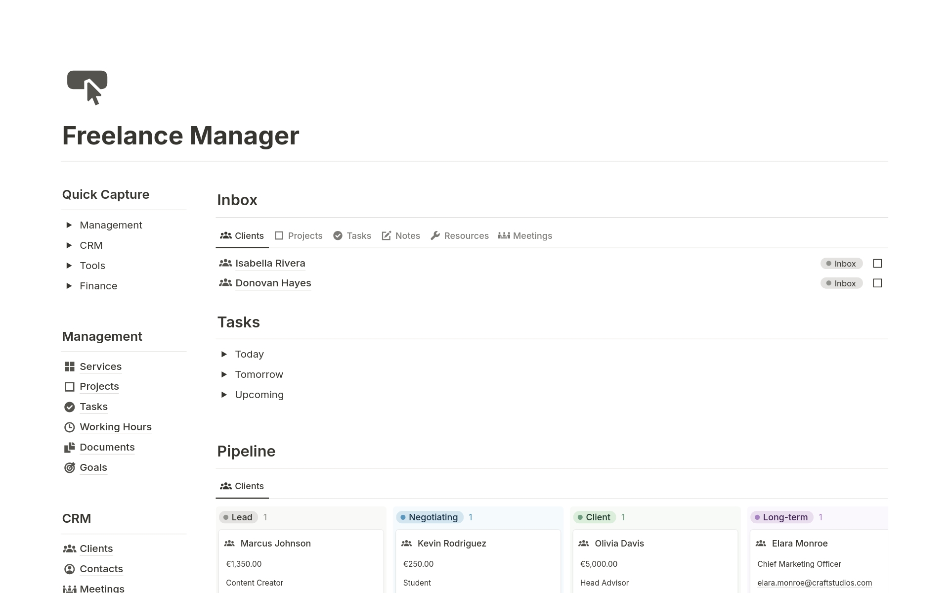 A template preview for Freelance Manager