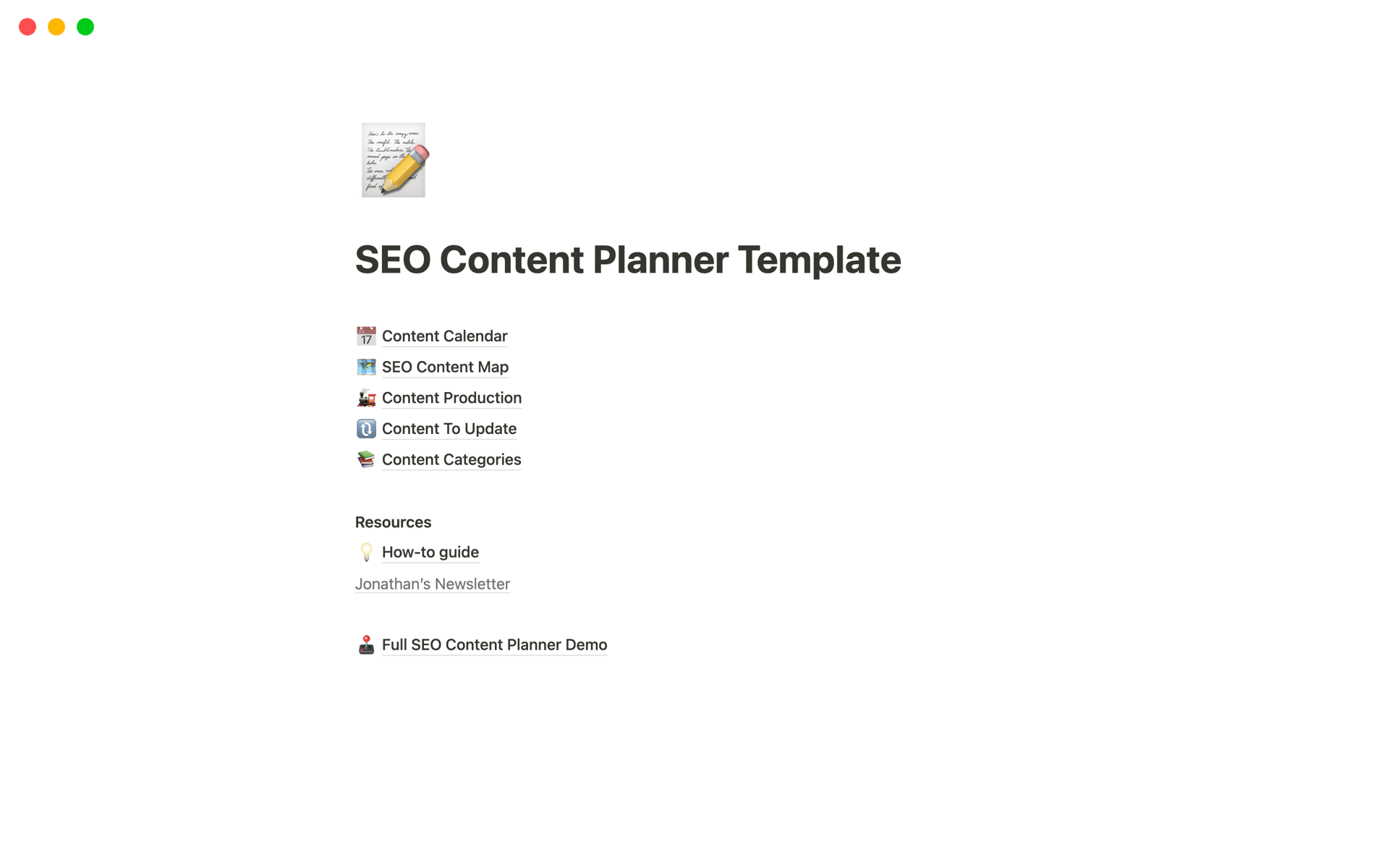 Vista previa de una plantilla para SEO Content Planner & Calendar