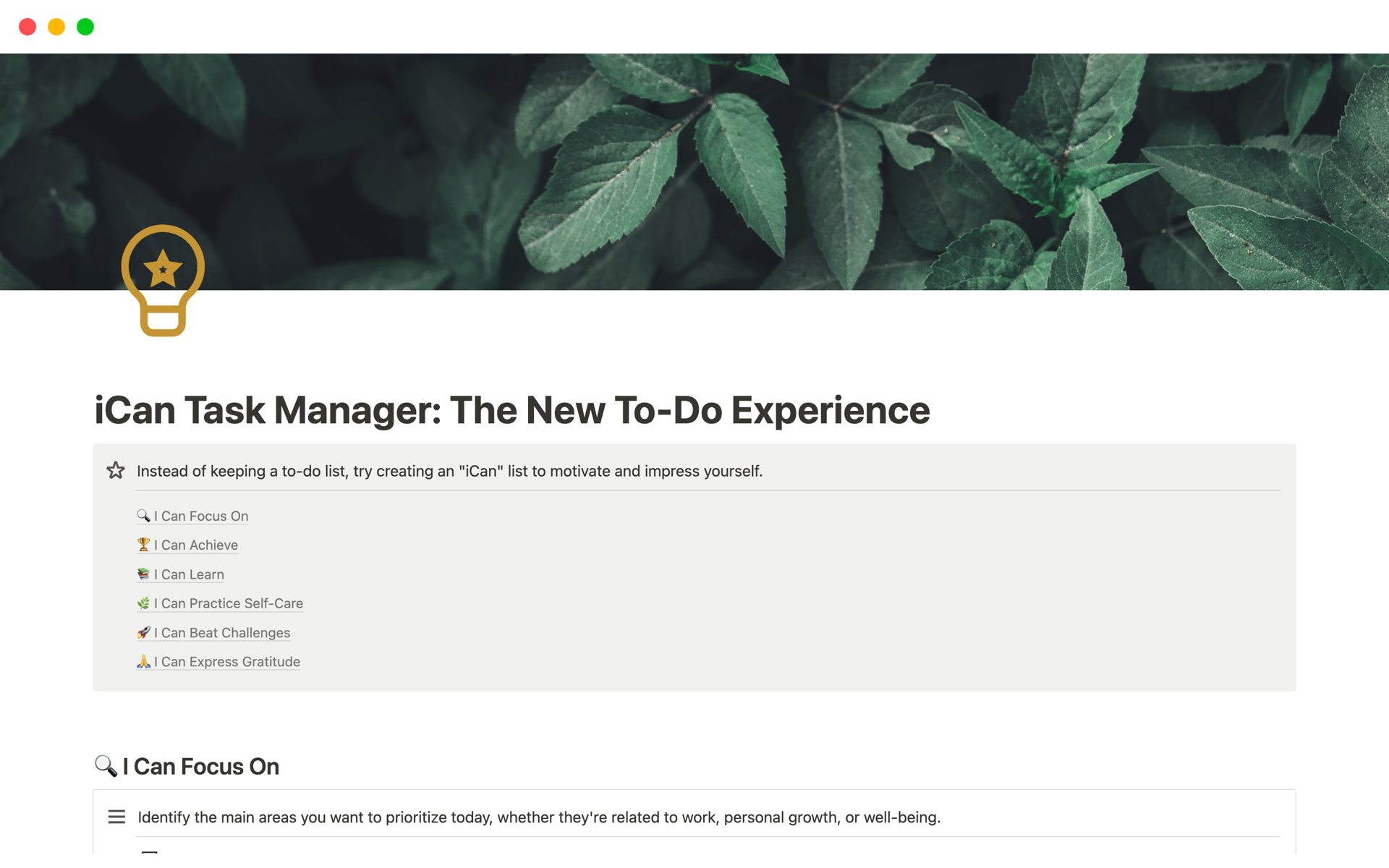 Vista previa de una plantilla para iCan Task Manager: The New To-Do Experience