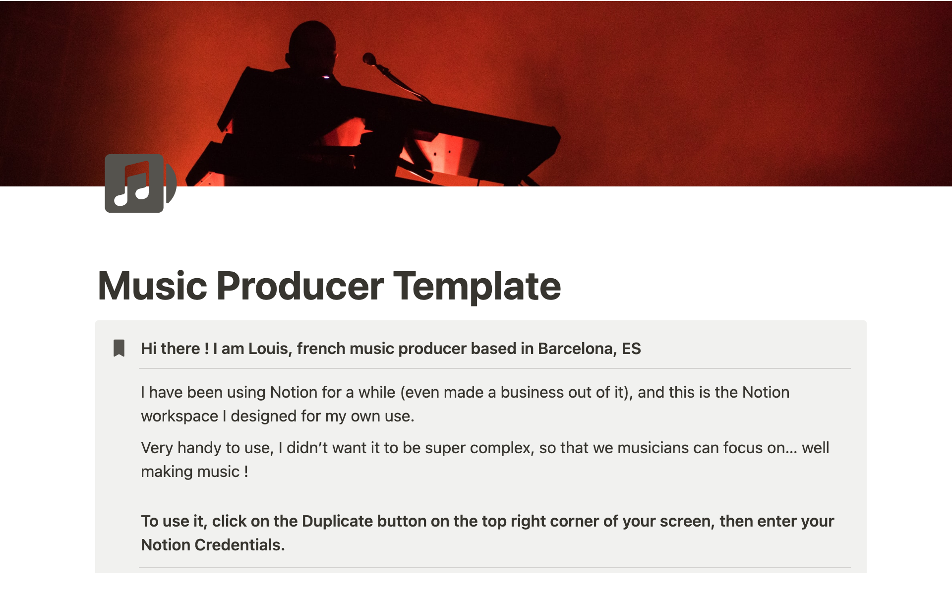 A template preview for Music Producer Notion Template