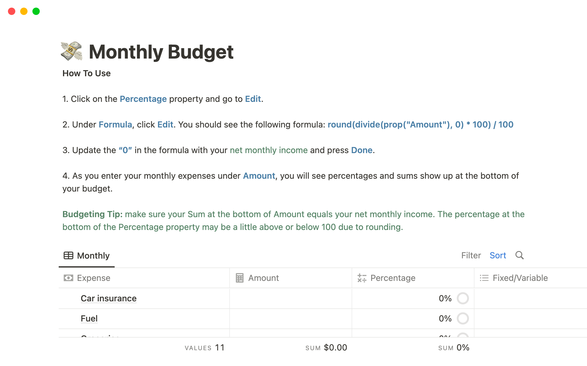 Monthly Budgetのテンプレートのプレビュー