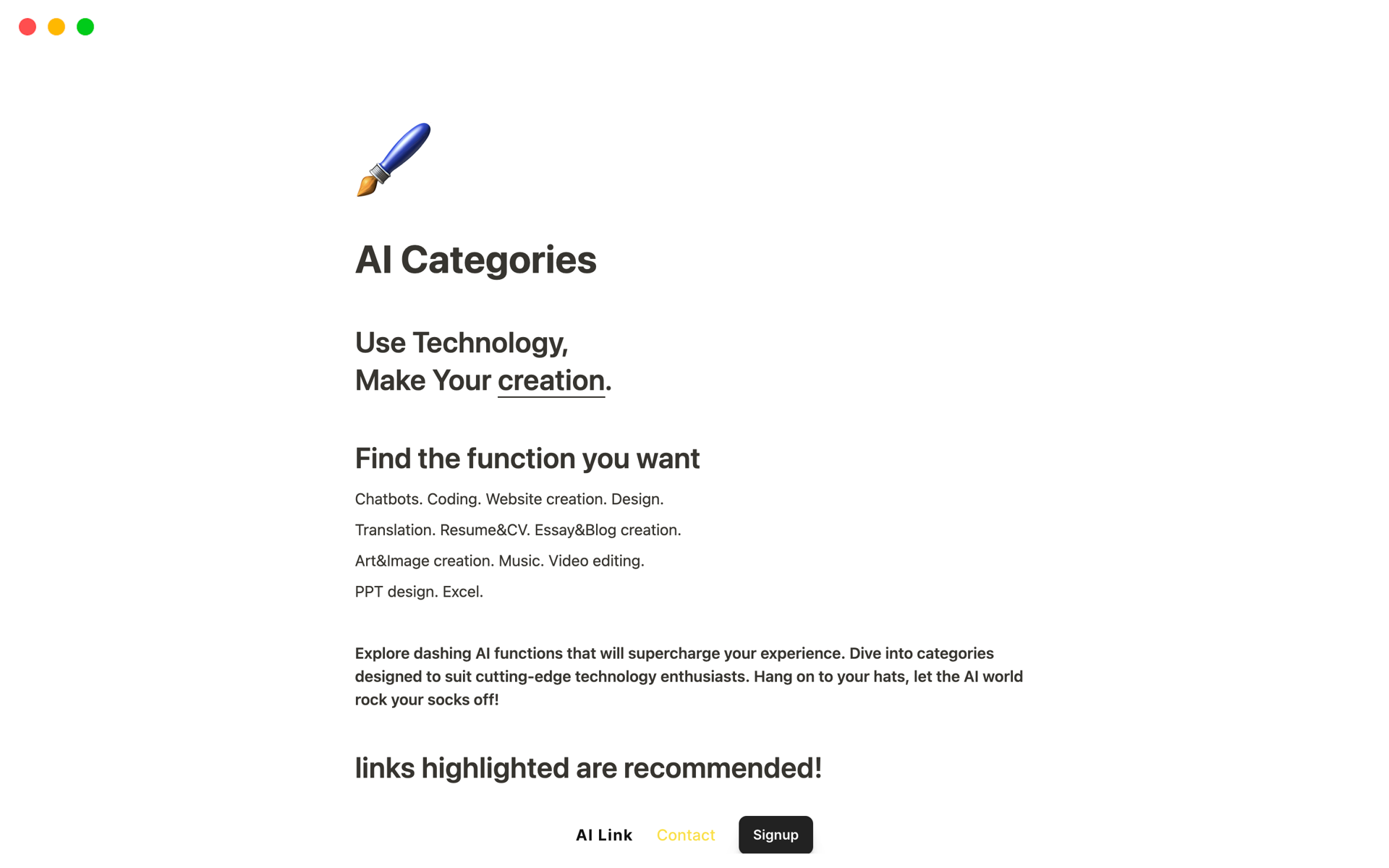 A template preview for AI Tool Categories