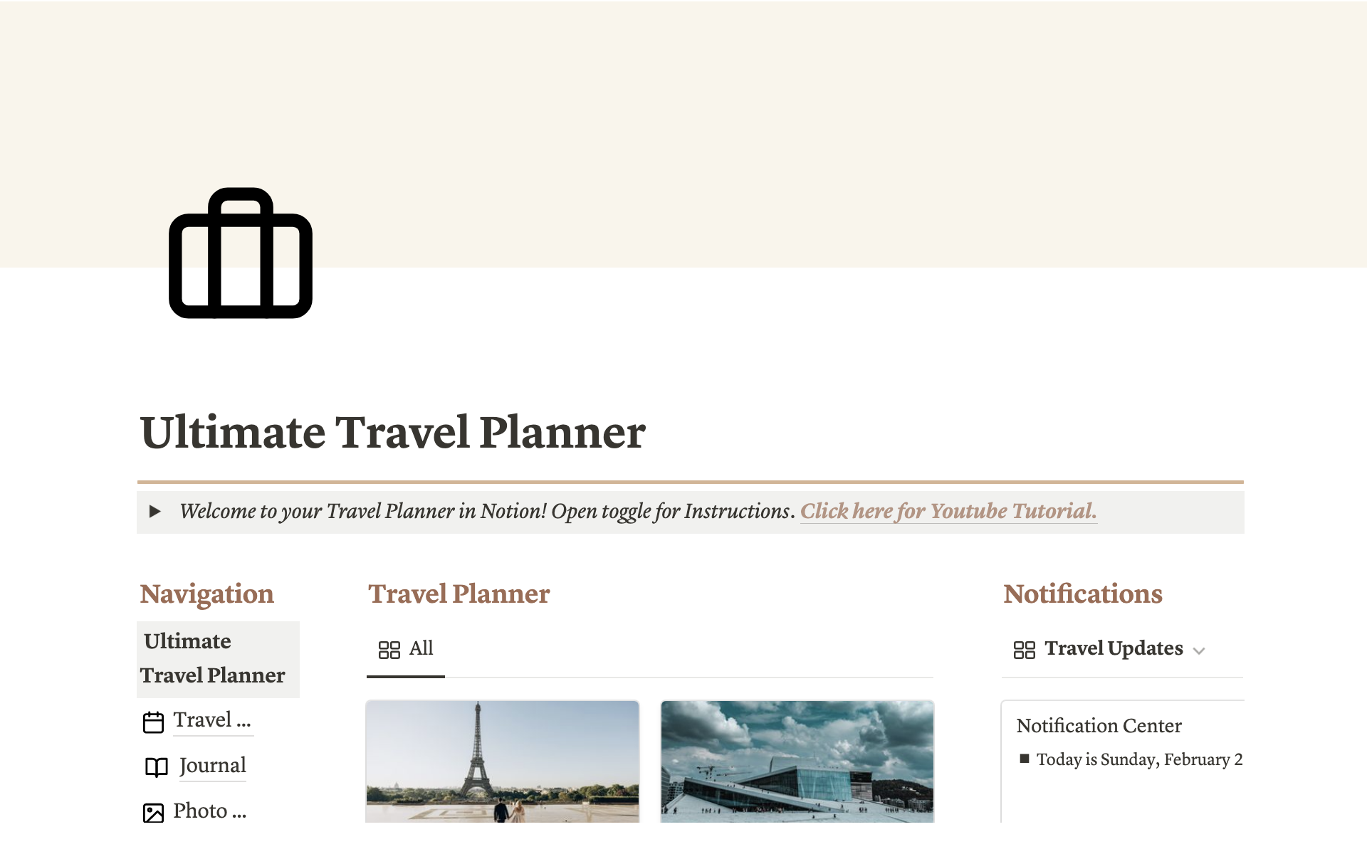 The Ultimate Travel Planner helps you plan multiple trips in one template, create daily itineraries, set & track a travel budget in multiple currencies, write a travel journal, and store travel photos, videos, and booking confirmations.