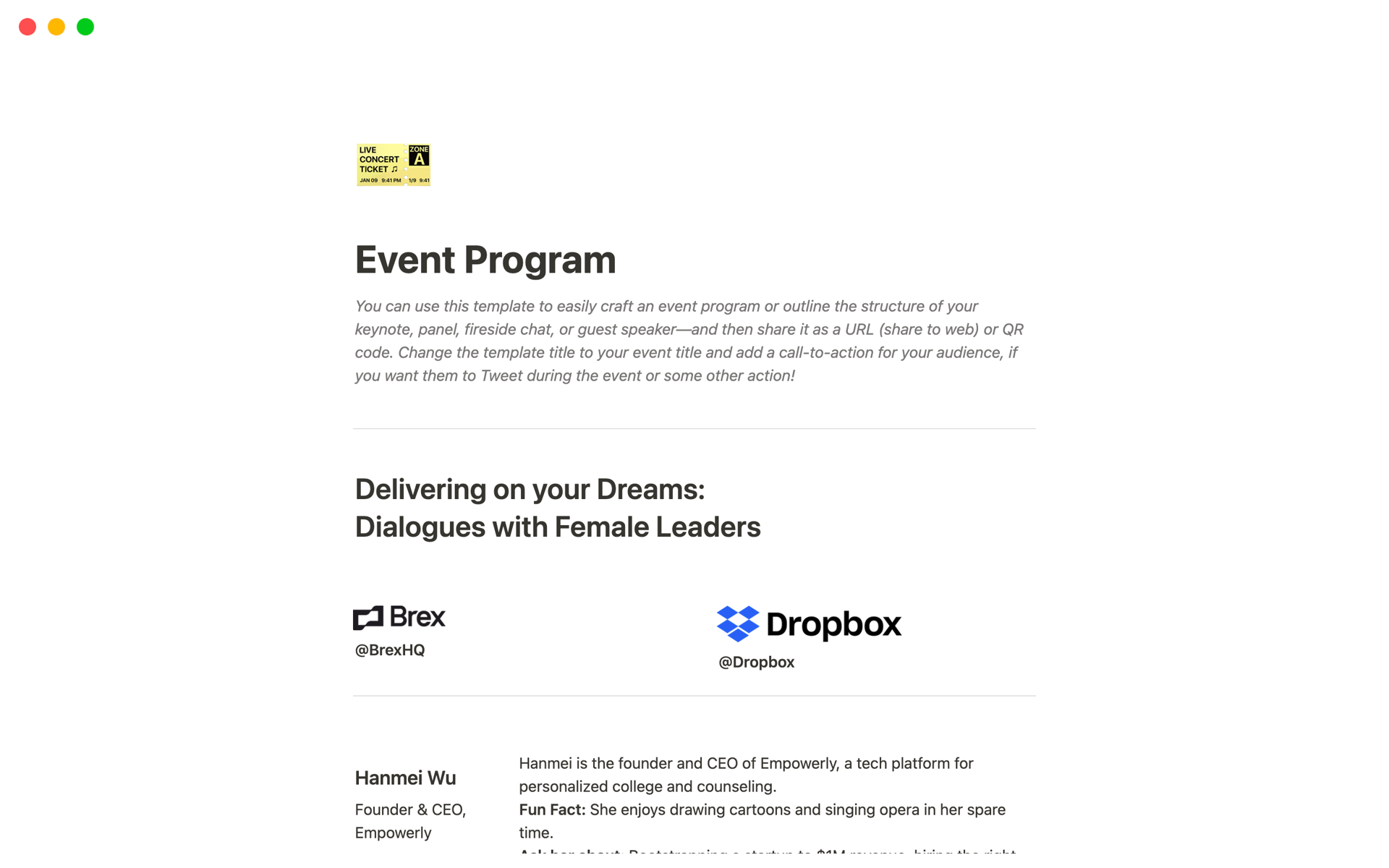 Craft an event program or schedule for your keynote, panel, fireside chat, guest speaker, or networking event to share as a Notion page.