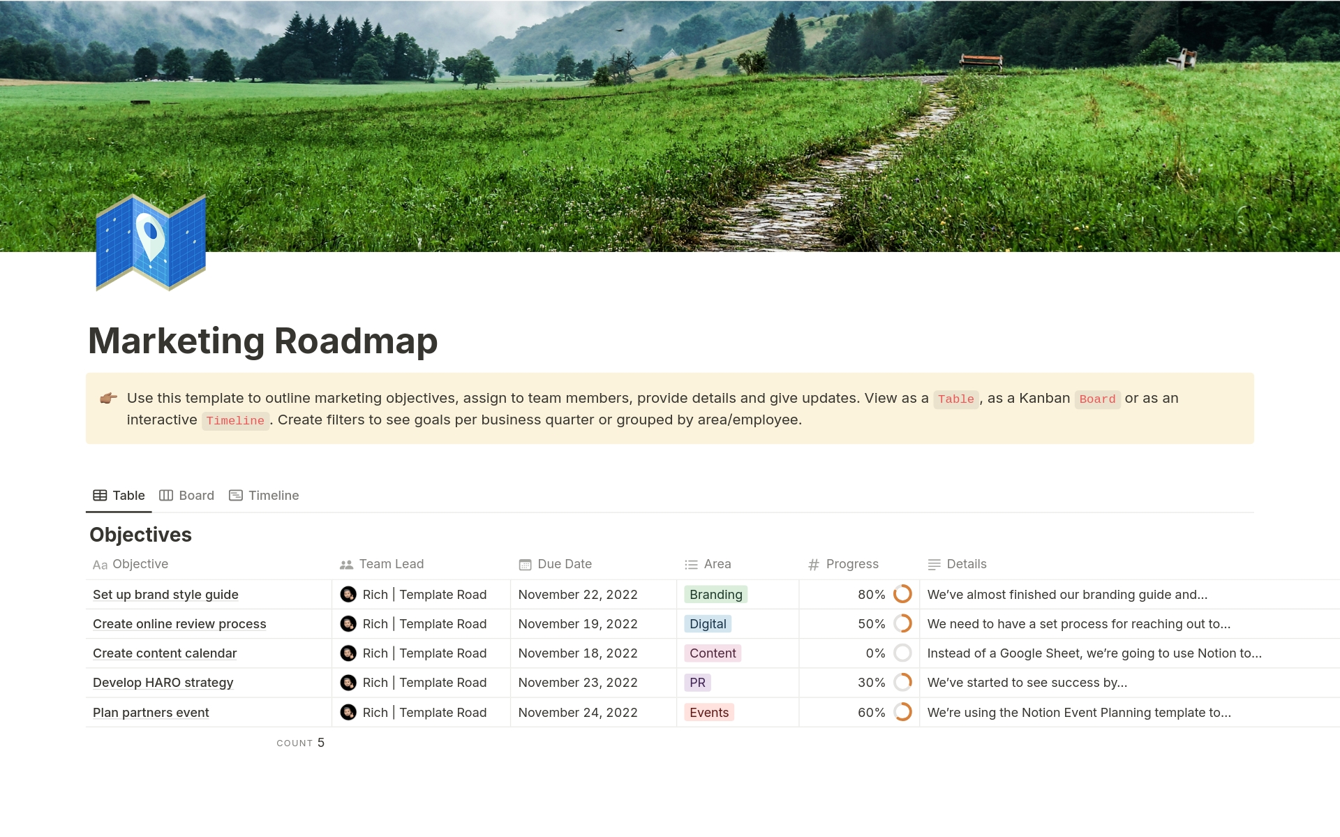 A template preview for Marketing Roadmap