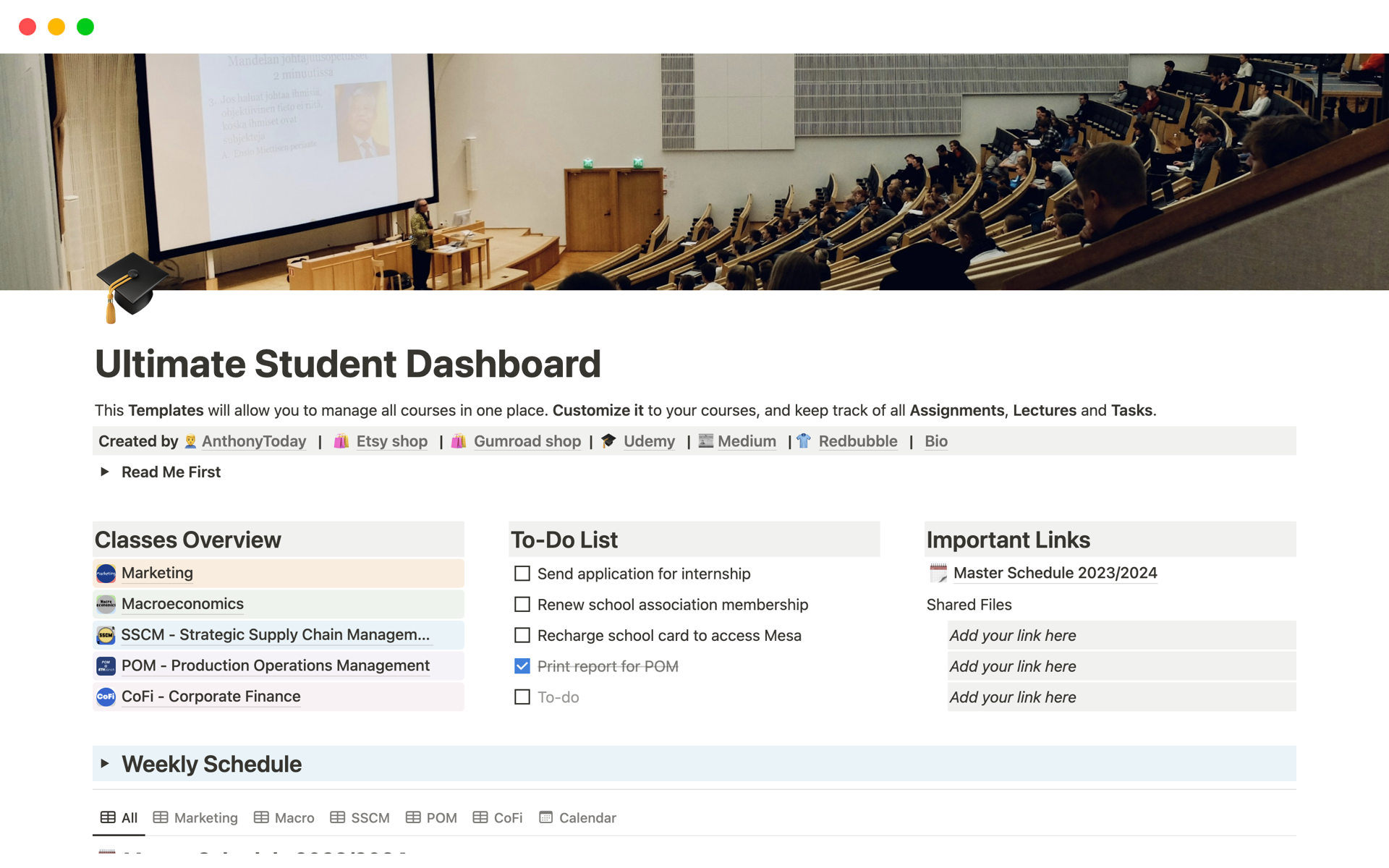 Vista previa de una plantilla para Ultimate Student Dashboard