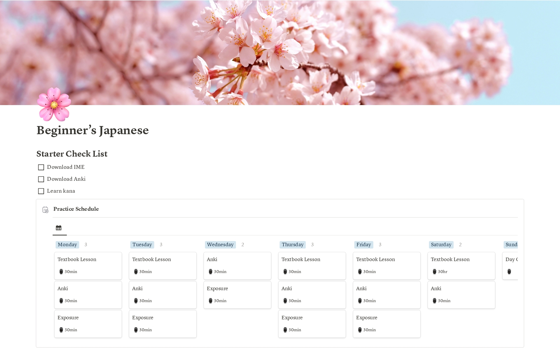 This is a schedule for beginner Japanese learners. For more information, visit https://naturallanguagejourney.com/japanese-language-pathway/