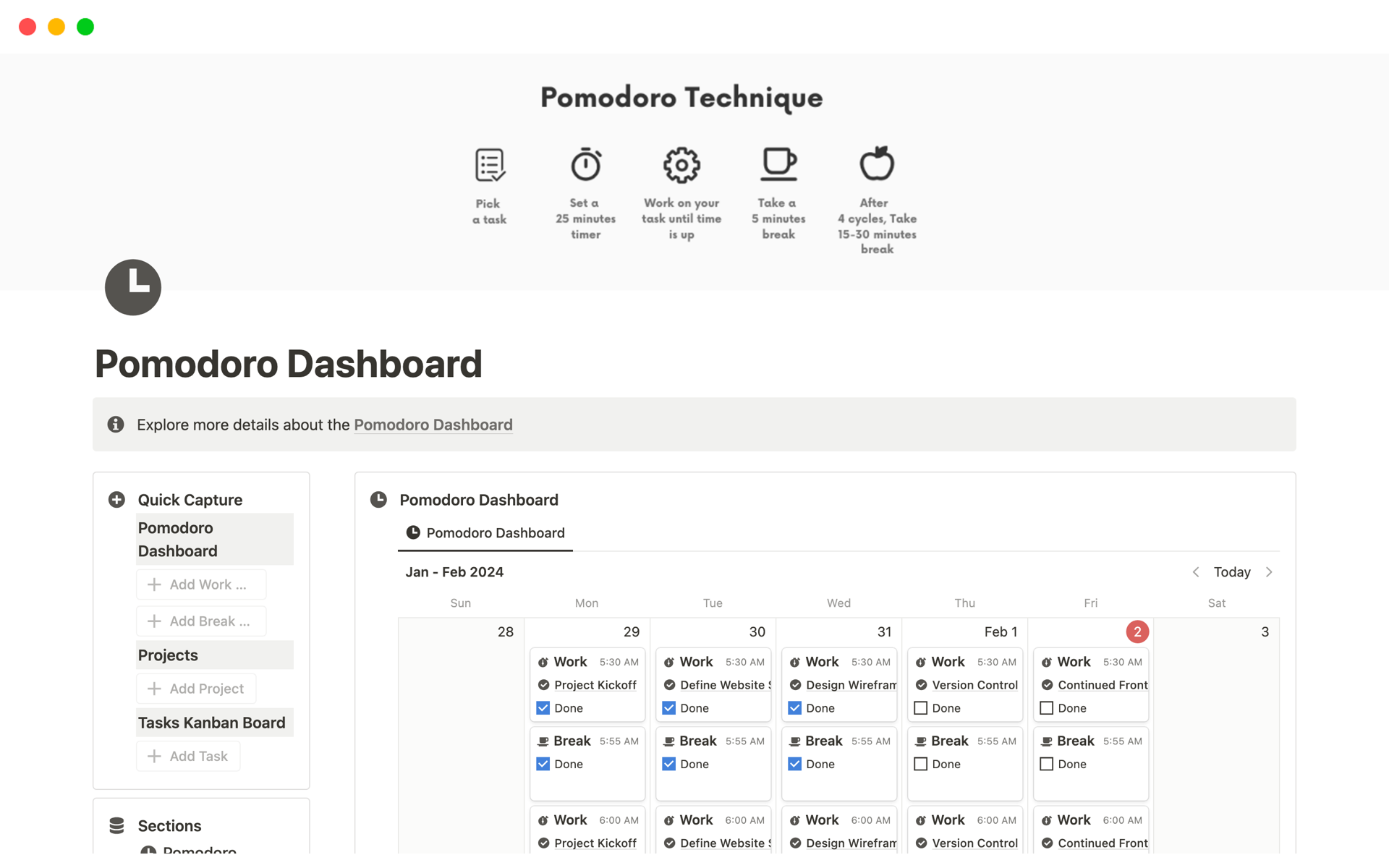 A template preview for Pomodoro Dashboard