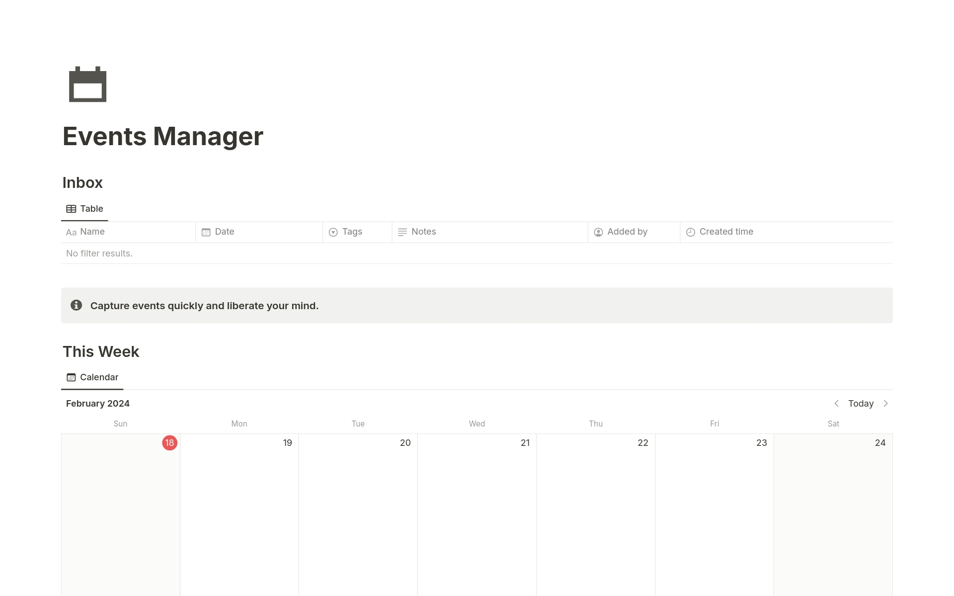 A template preview for Events Manager