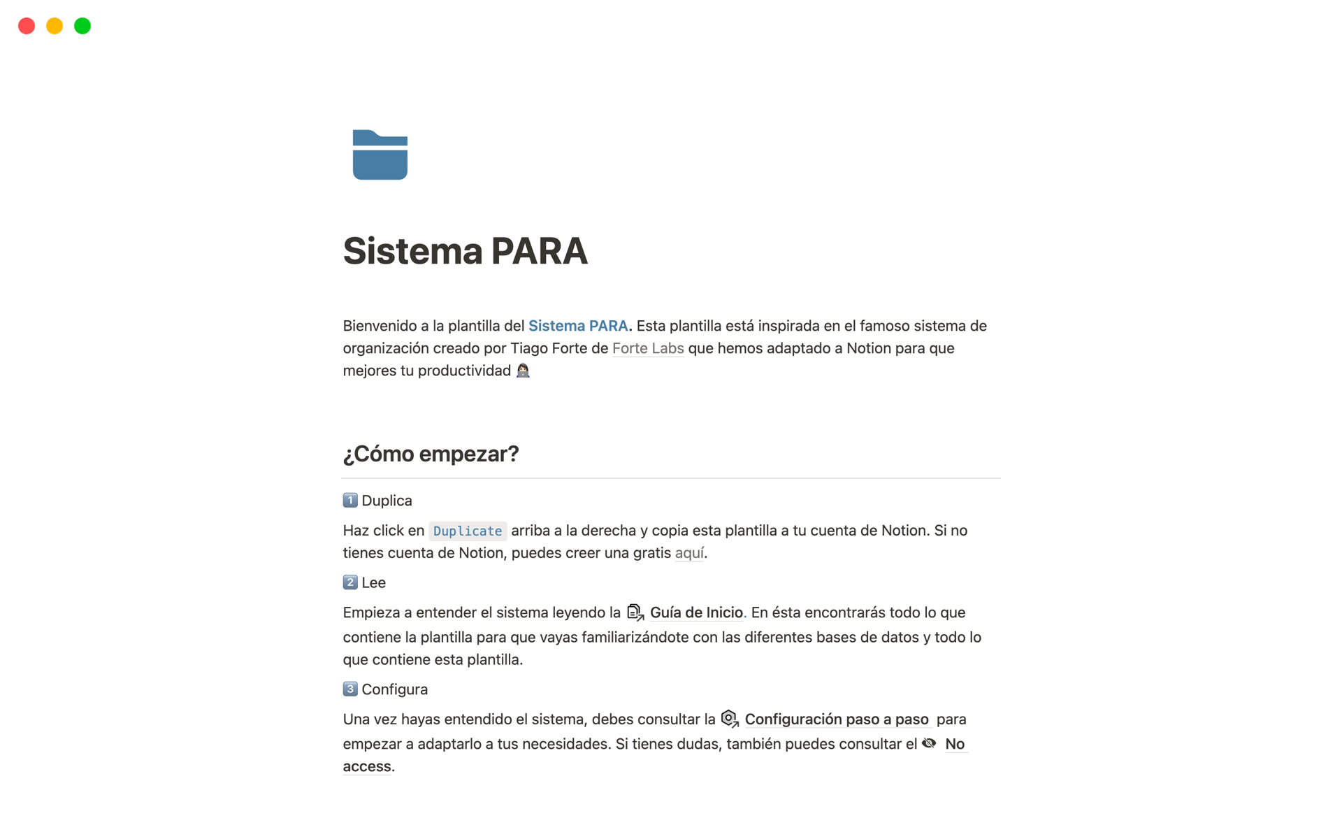 Eine Vorlagenvorschau für Sistema PARA [Productividad en Notion]