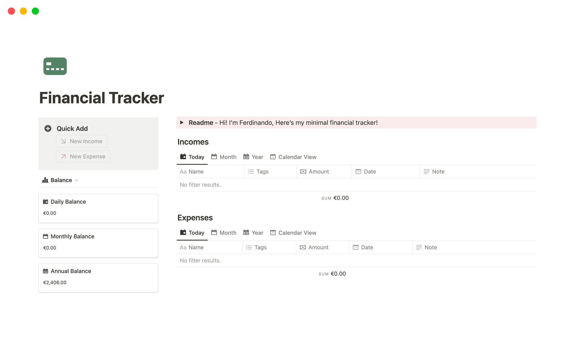 Aperçu du modèle de Financial Tracker