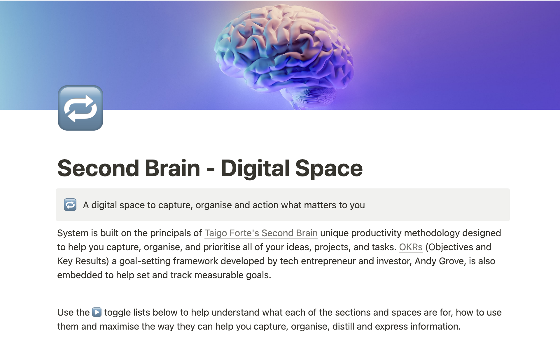 A template preview for Second Brain - Digital System