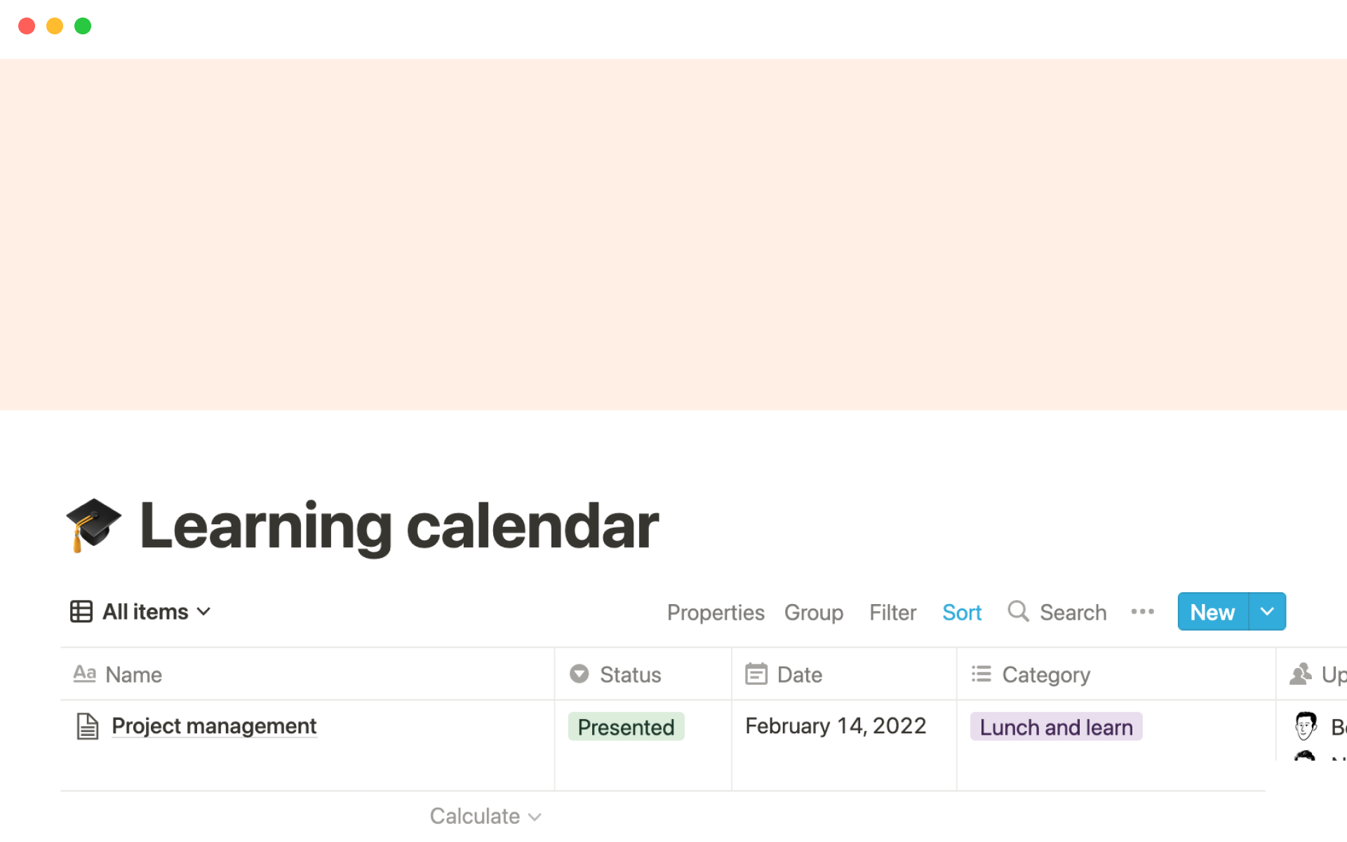 A template preview for Notion’s learning calendar