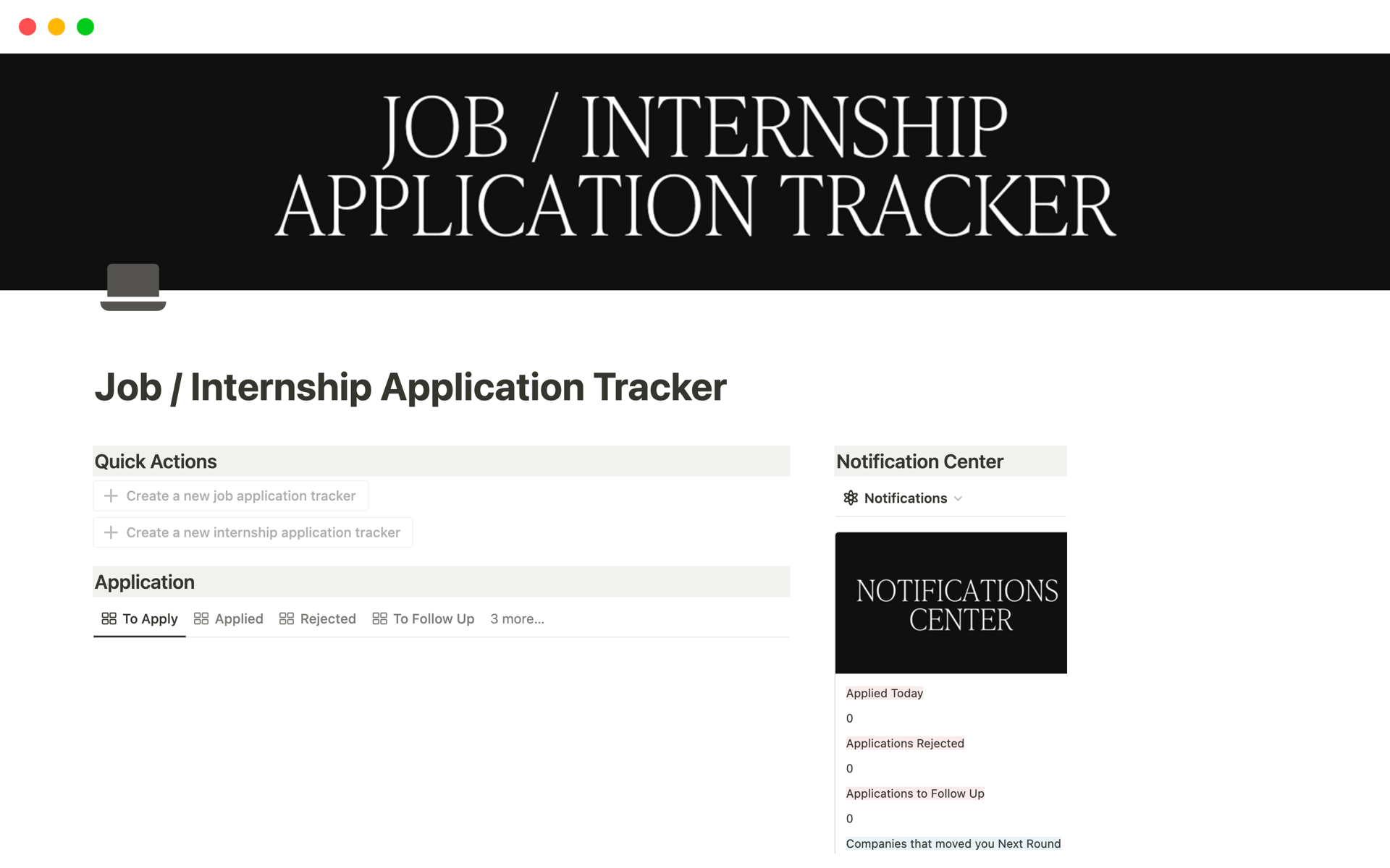 Uma prévia do modelo para Job / Internship Application Tracker