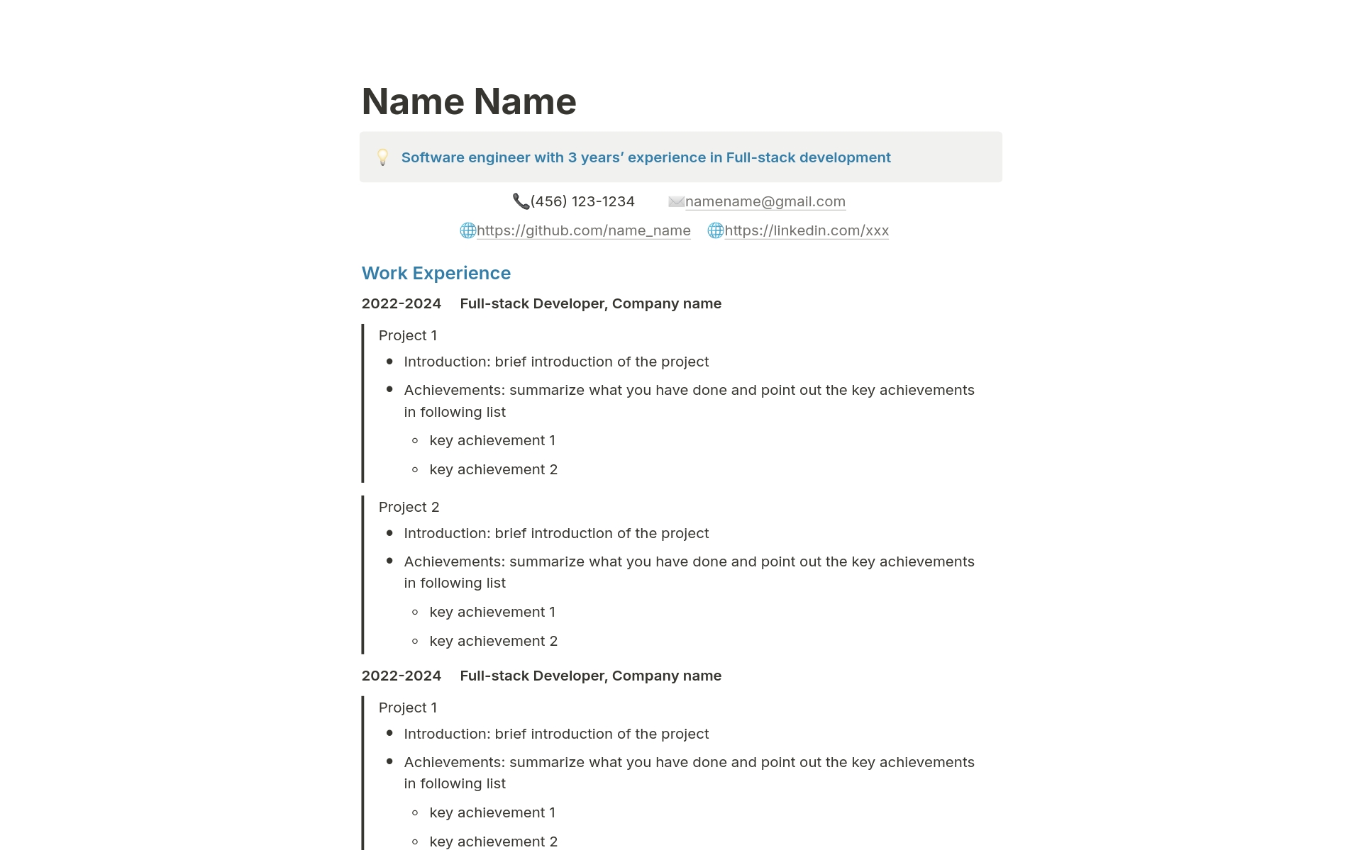 A template preview for Resume/CV for software developers