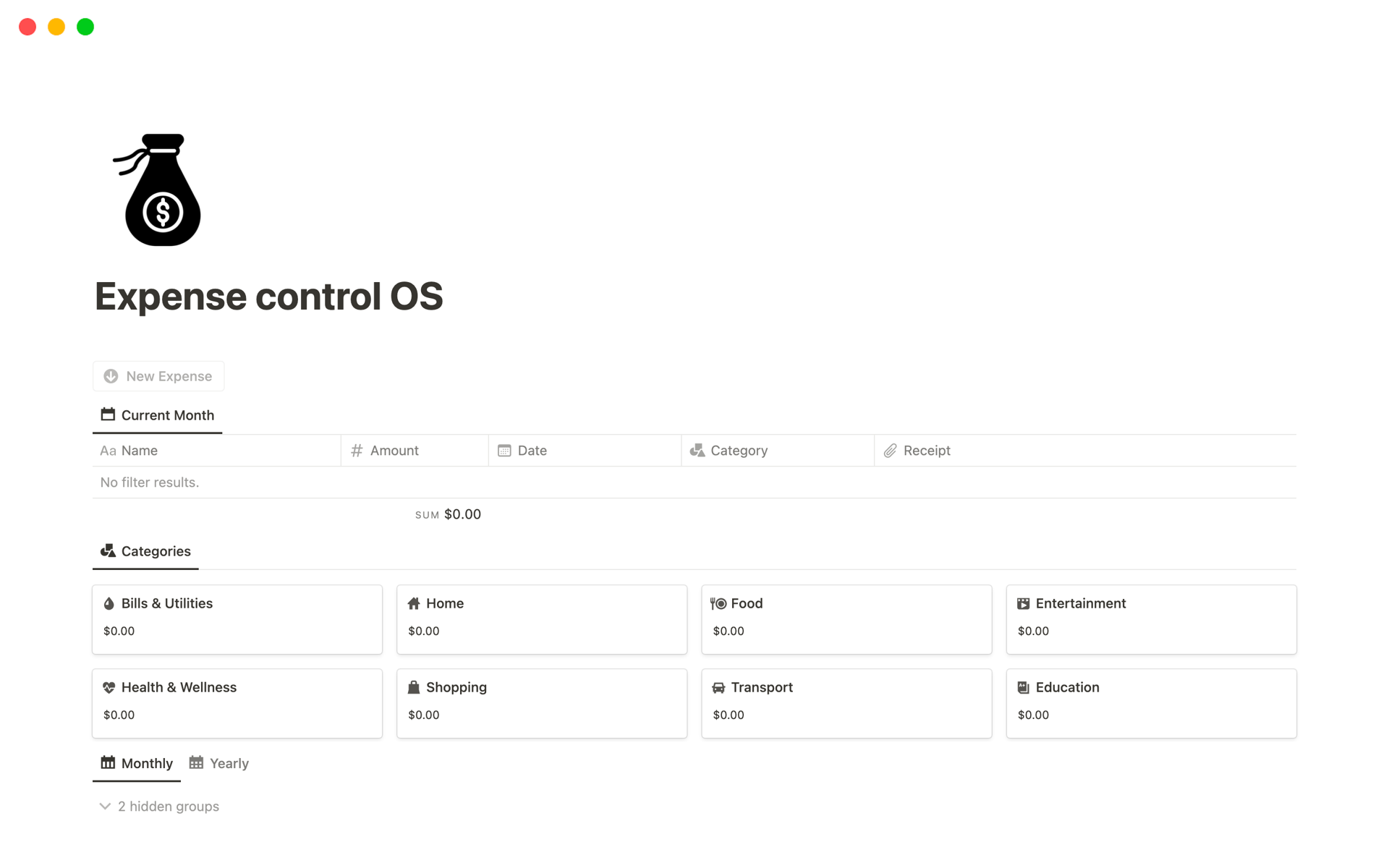A template preview for Expense control OS