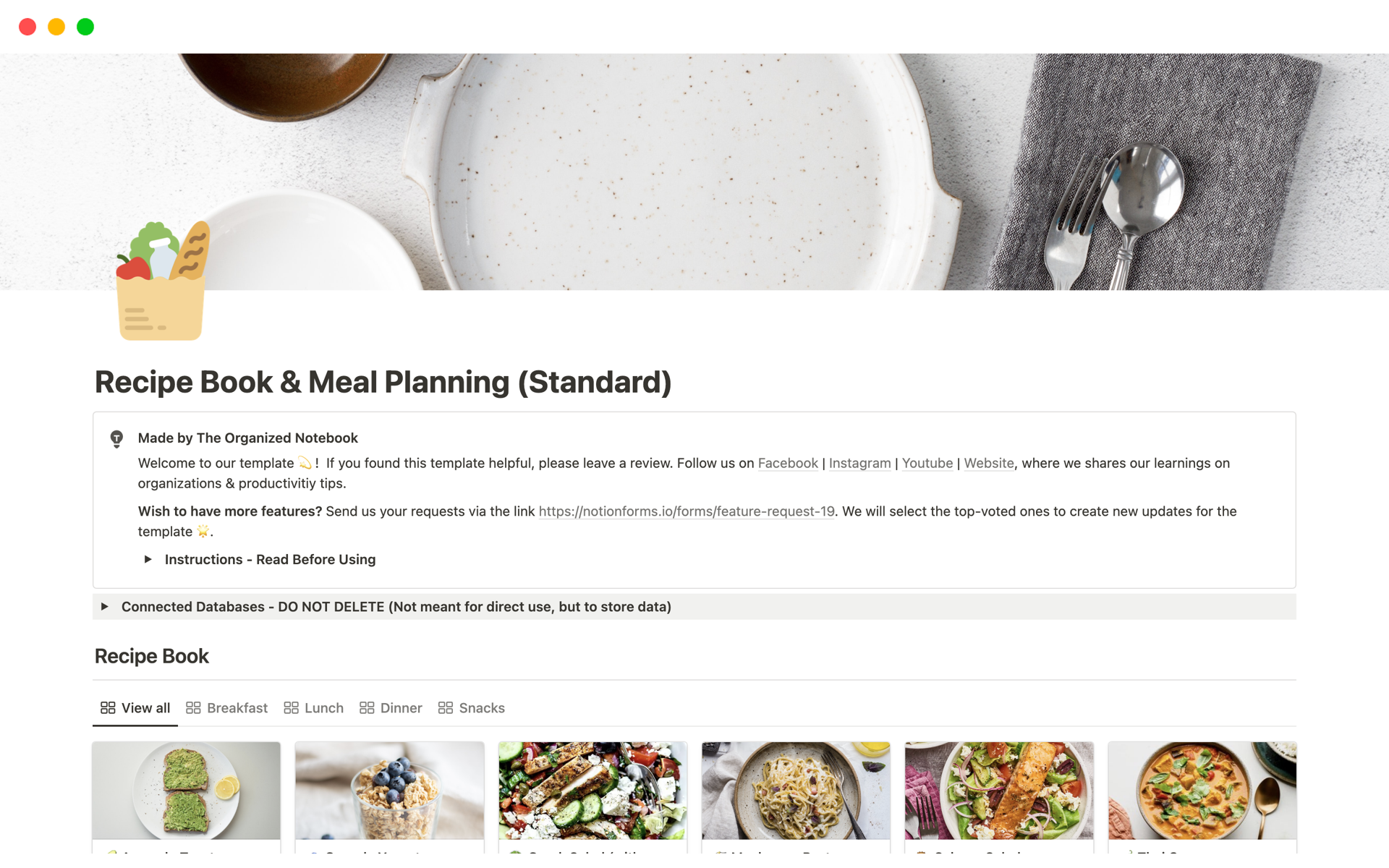 A template preview for Recipe Book & Meal Planning (Standard)