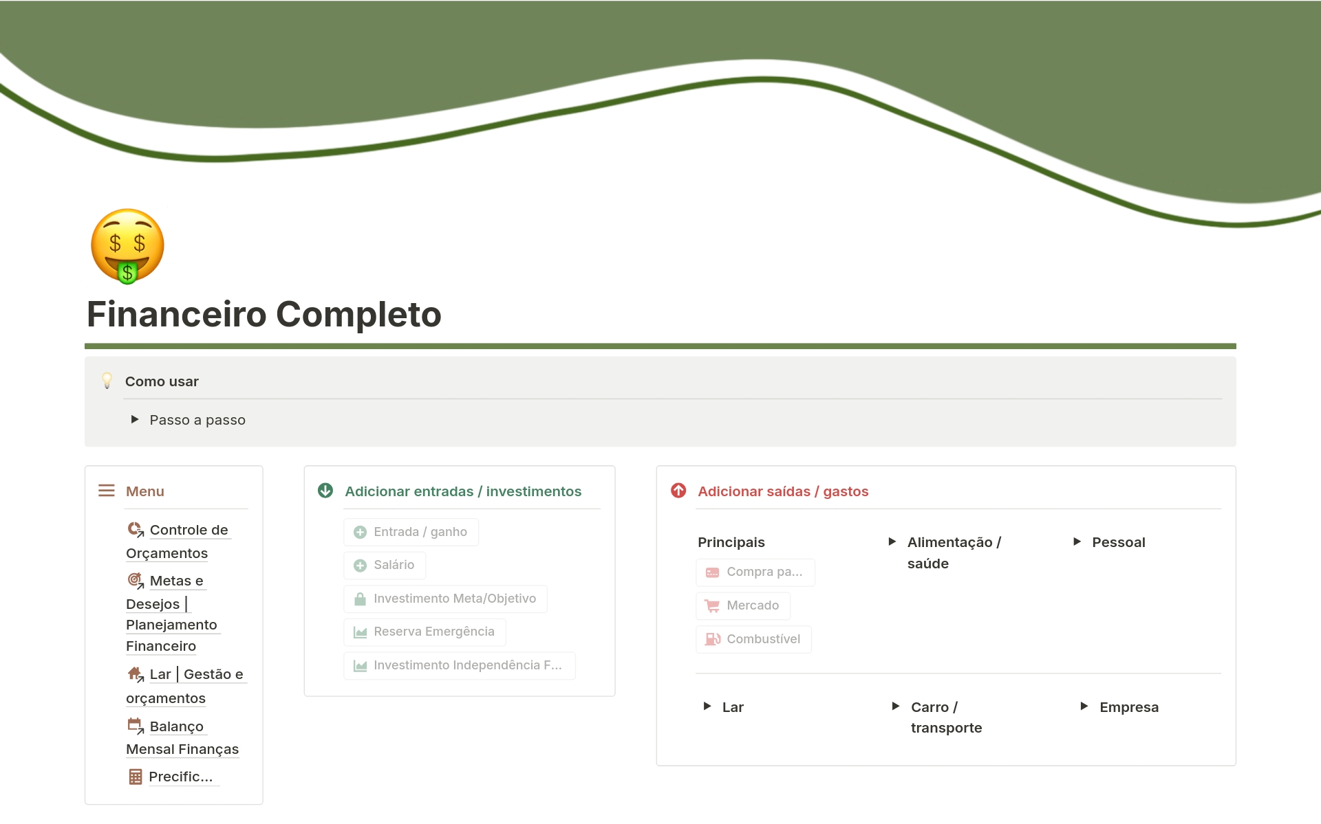 A template preview for Financeiro Completo