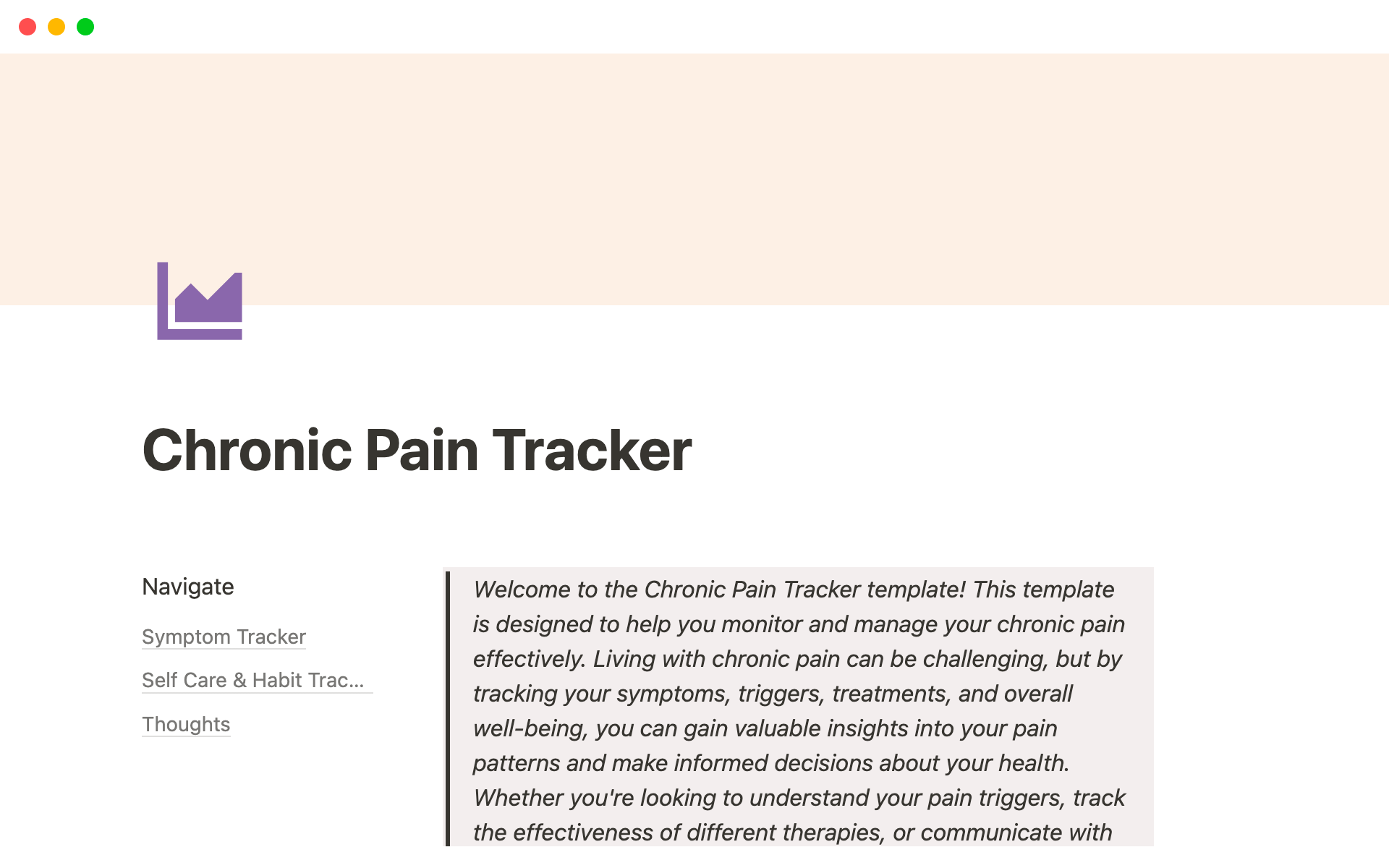 A template preview for Chronic Pain Symptom Tracker