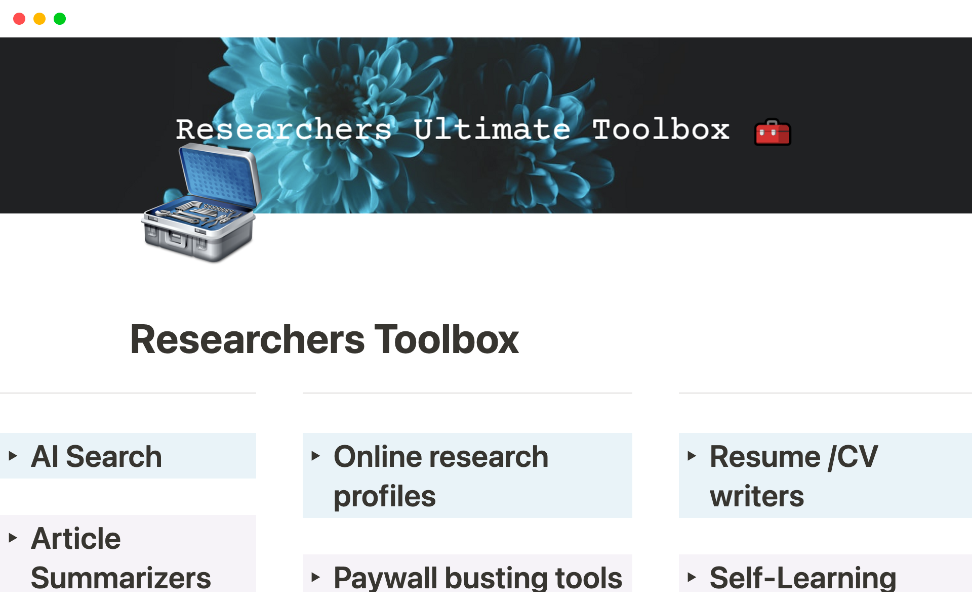 A template preview for Researchers Toolbox