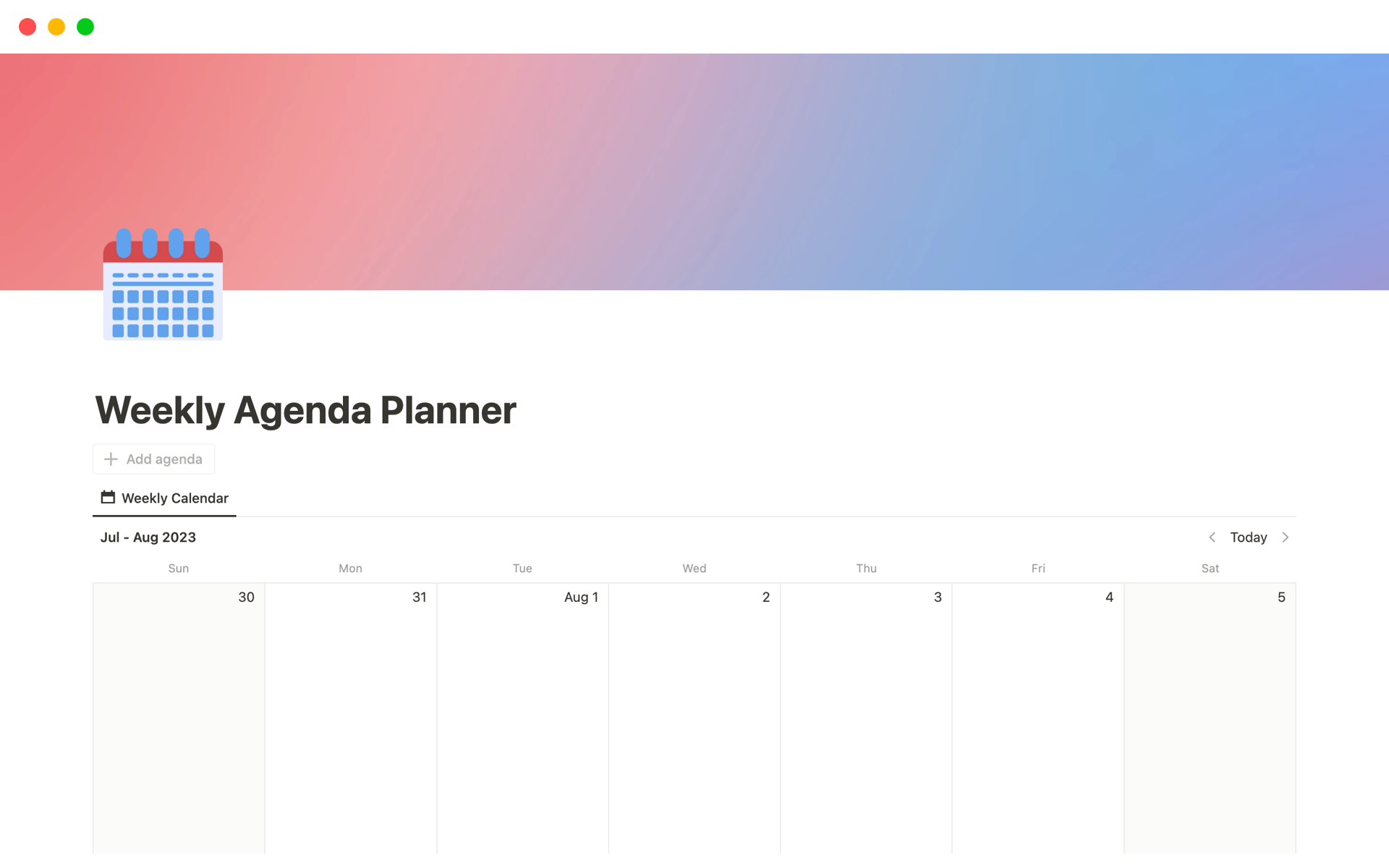 The Weekly Agenda Planner Notion template is a simple tool that helps you plan your week.