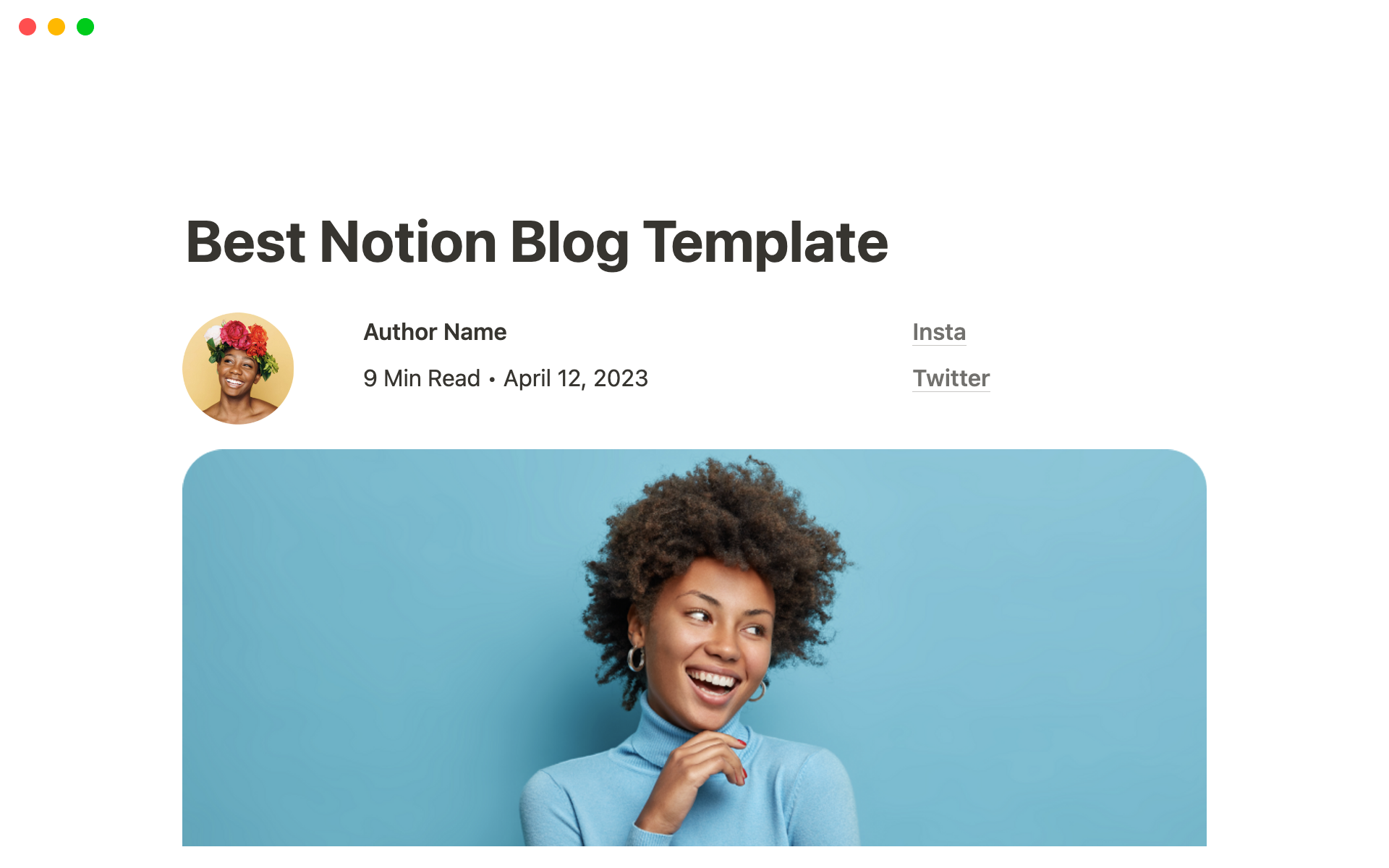 A template preview for Notion Blog Template