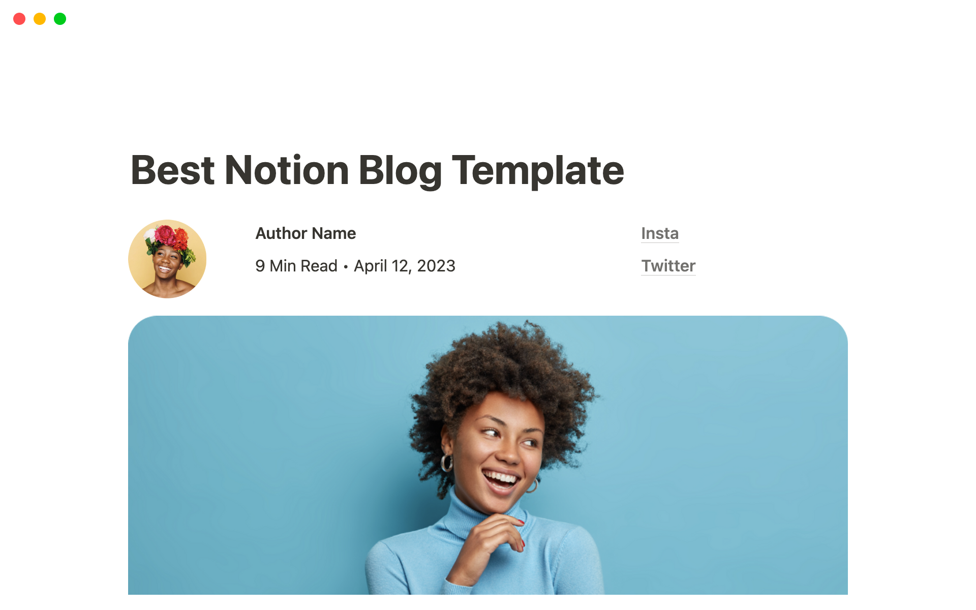 En forhåndsvisning av mal for Notion Blog Template