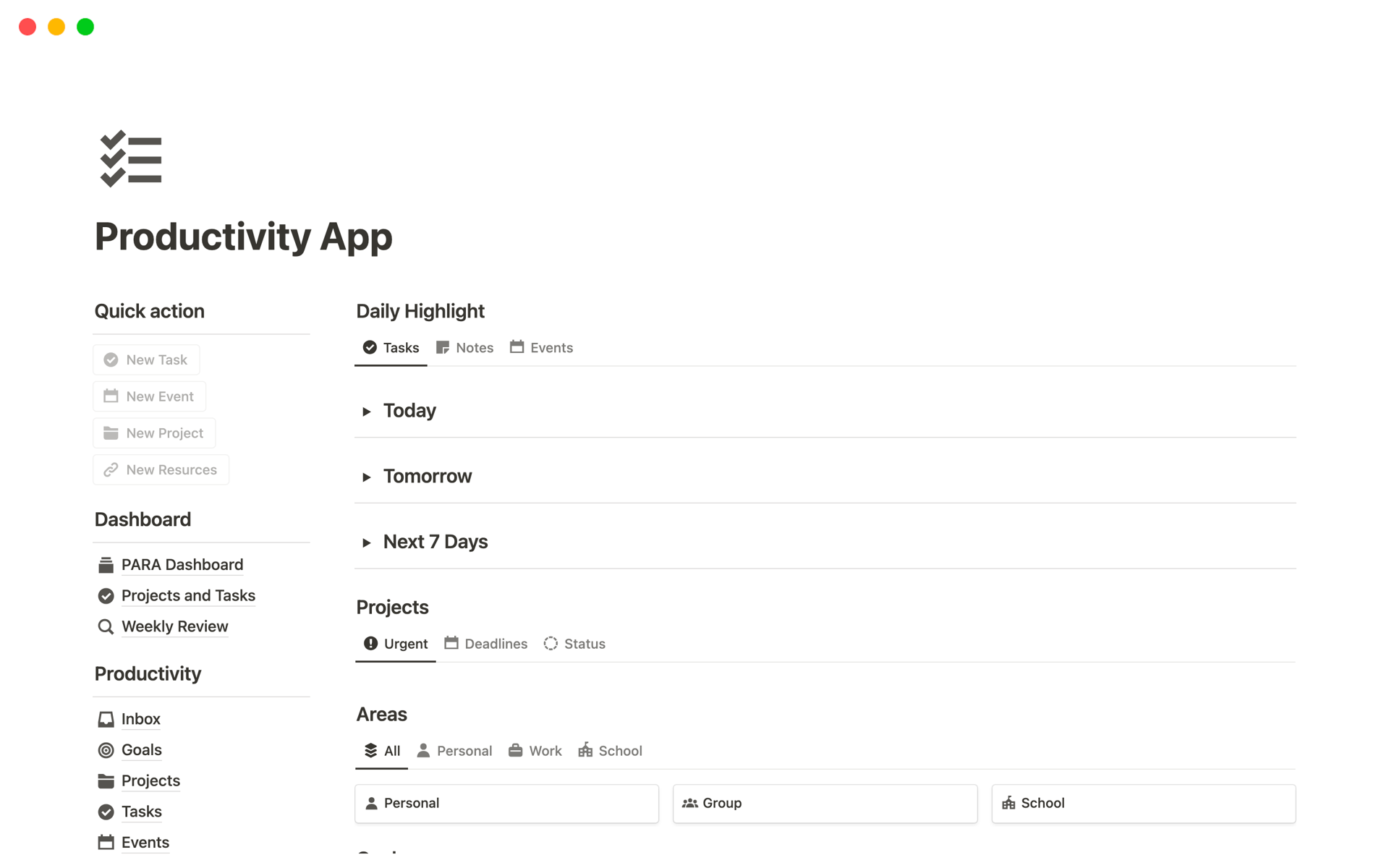 A template preview for Productivity App