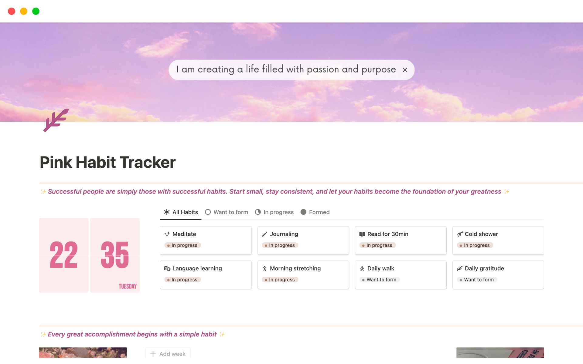 A template preview for Pink Habit Tracker