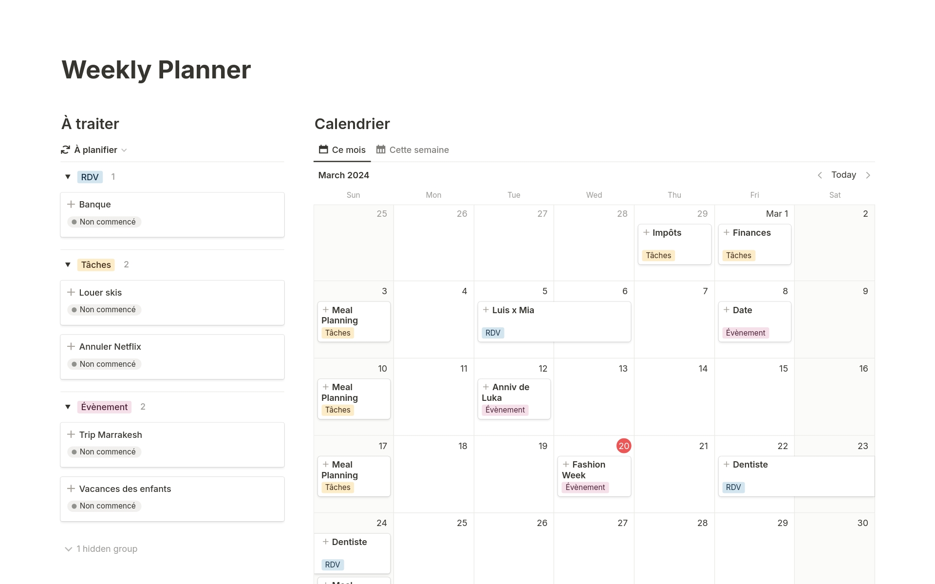 Vista previa de una plantilla para Weekly Planner 'Notion Calendar'