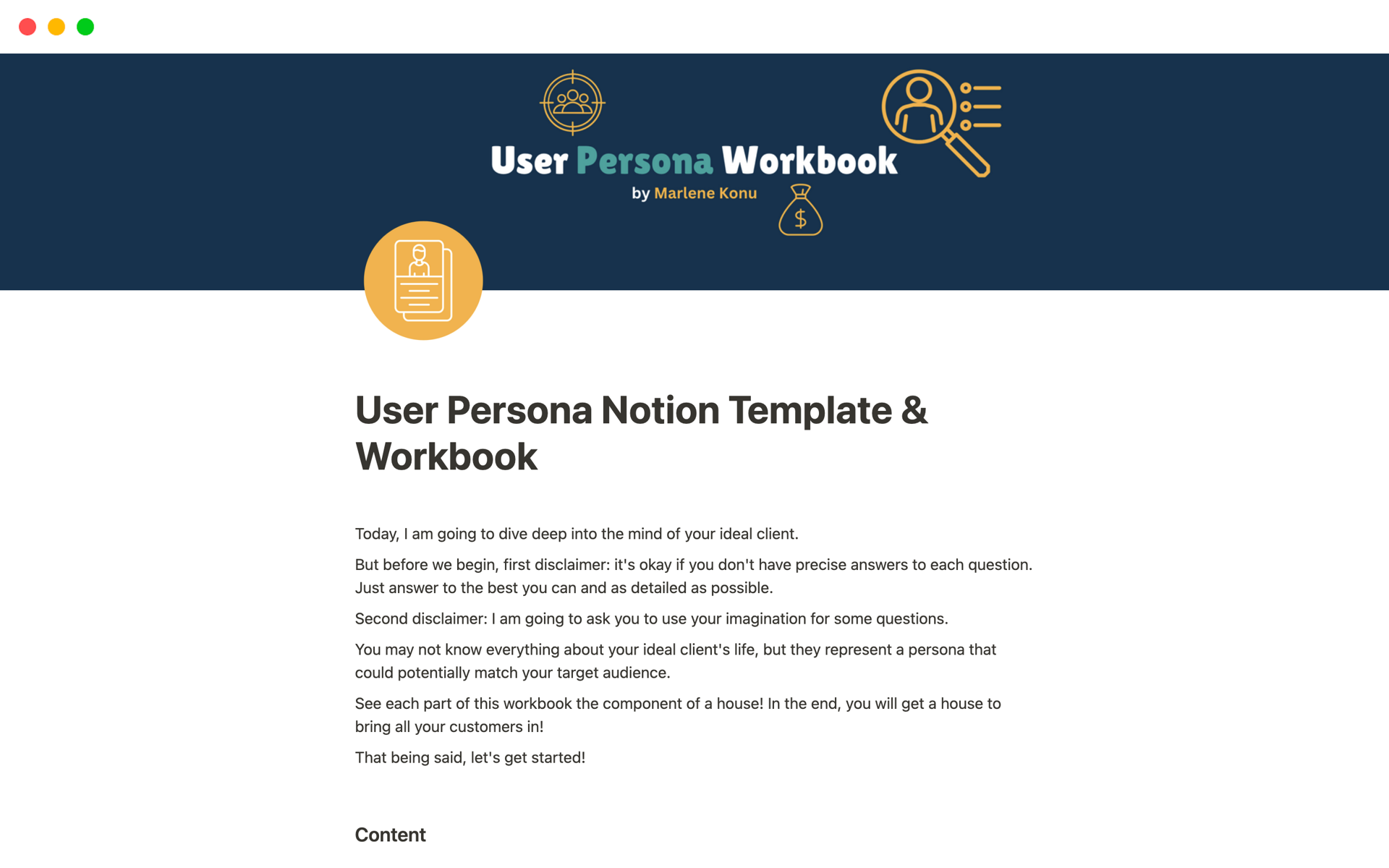 A template preview for User Persona Notion Template & Workbook