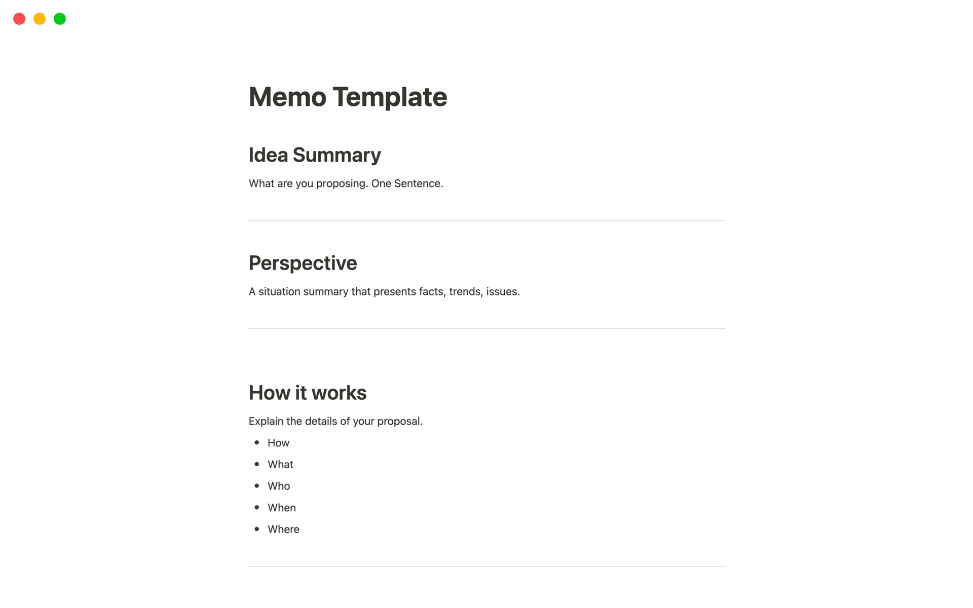 A template preview for 'One Pager' Memo