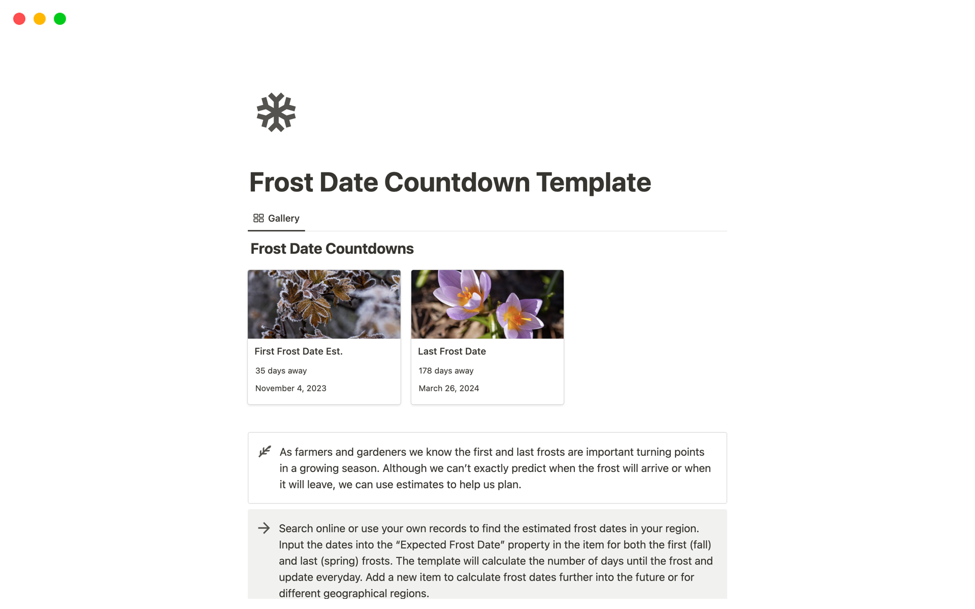 A template preview for Frost Date Countdown