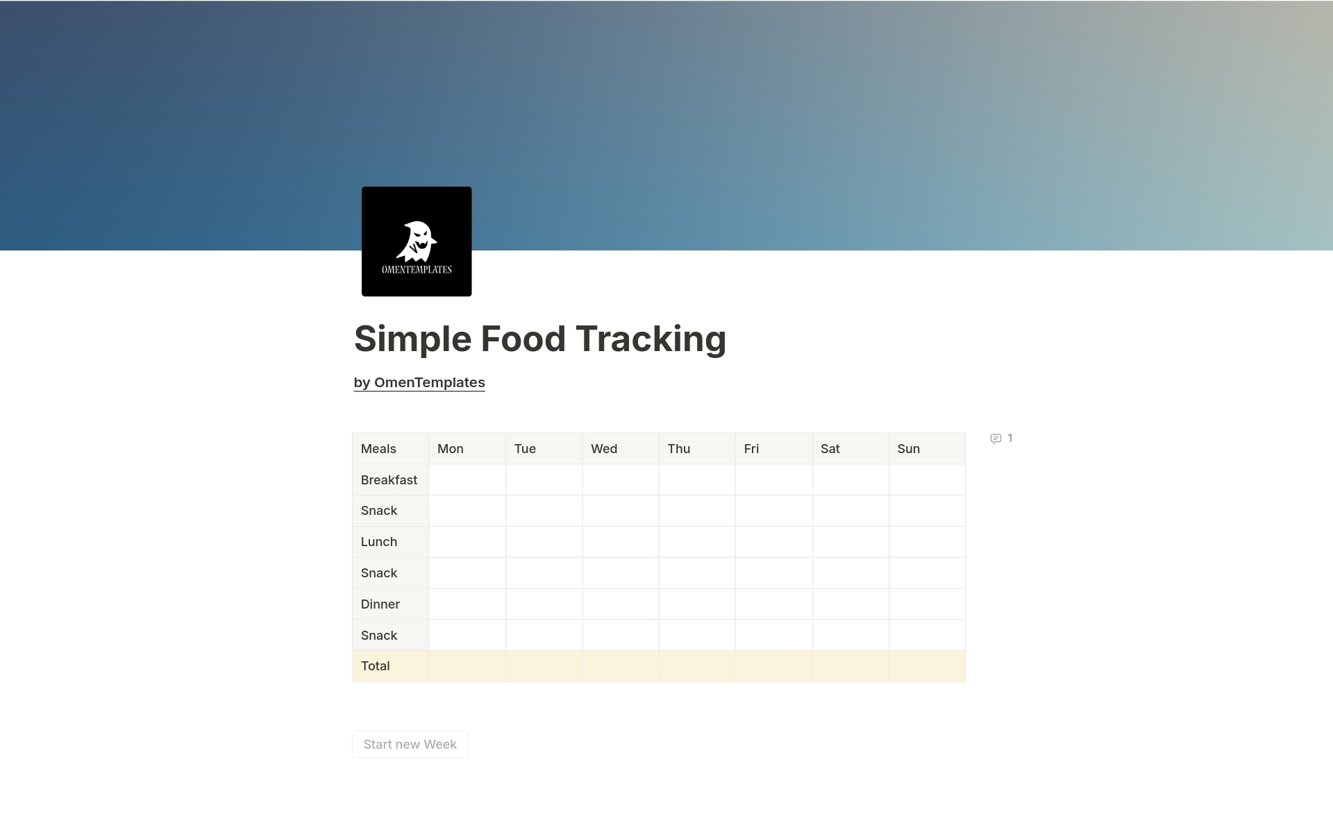 A template preview for Simple Food Tracking