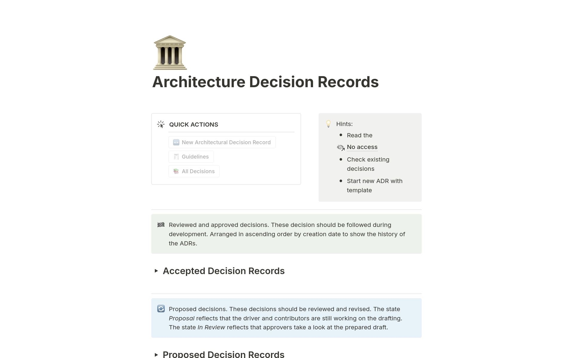 A template preview for Architecture Decision Records (ADR)