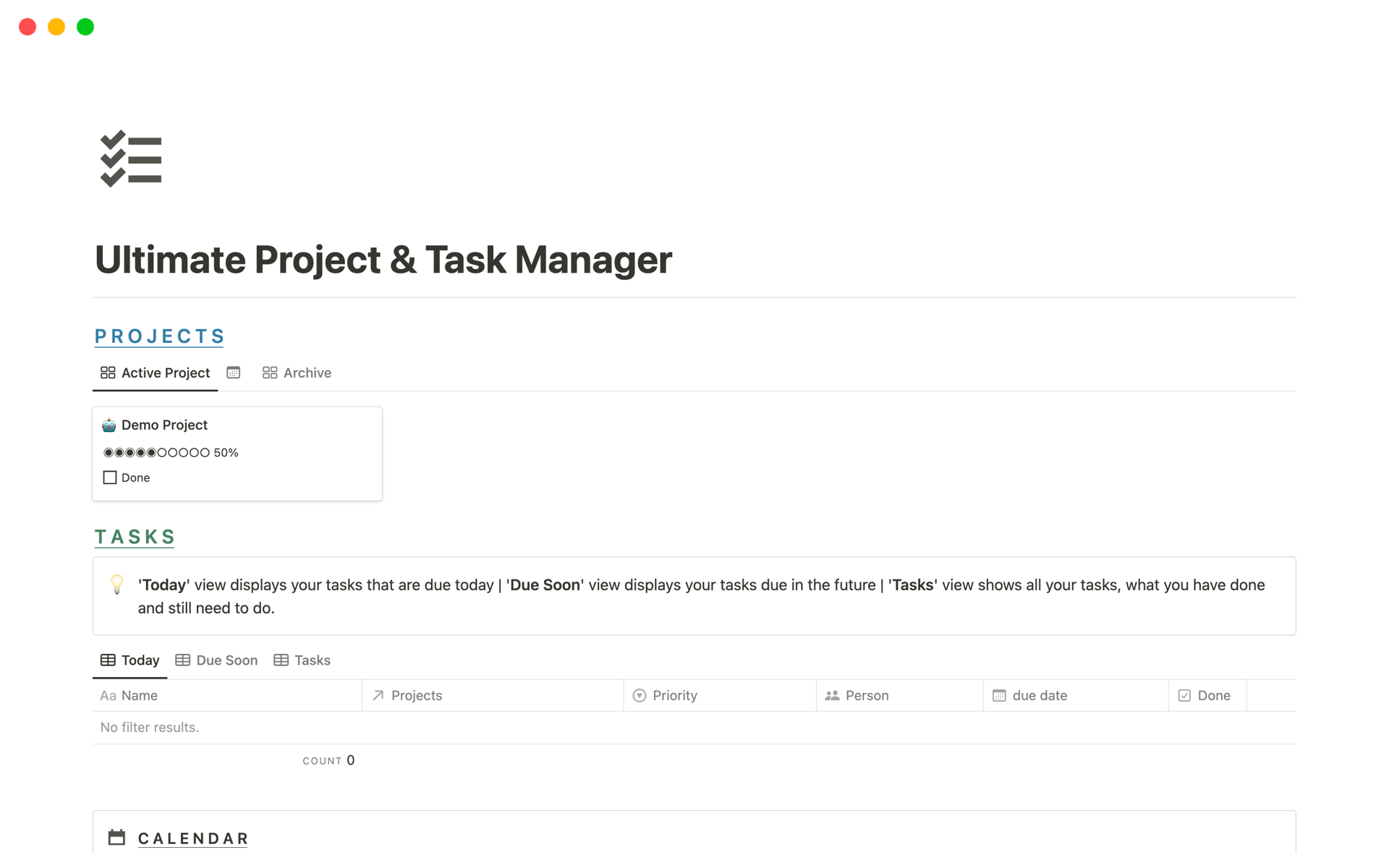 En förhandsgranskning av mallen för Ultimate Project & Task Manager