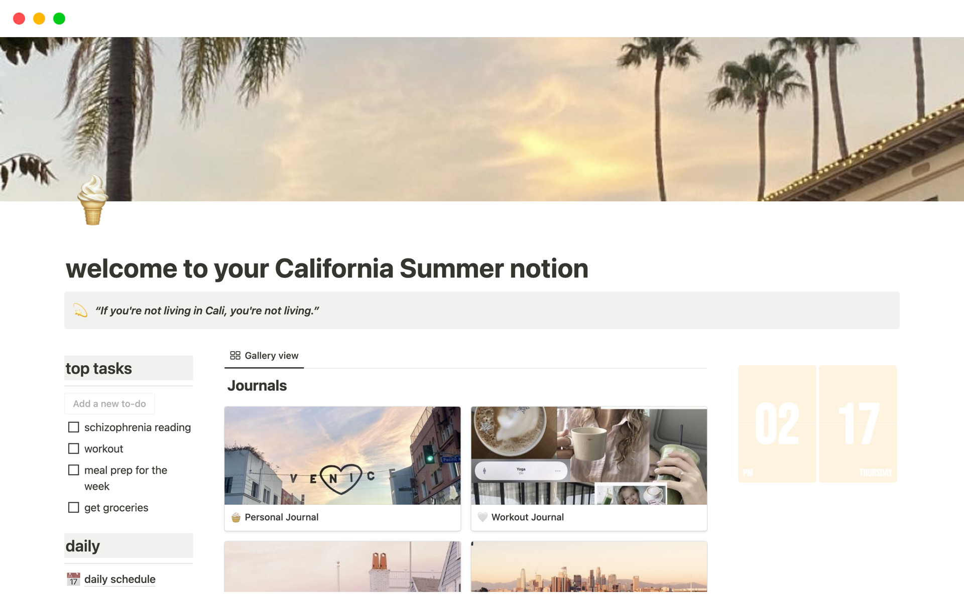 A template preview for Aesthetic California Summer notion
